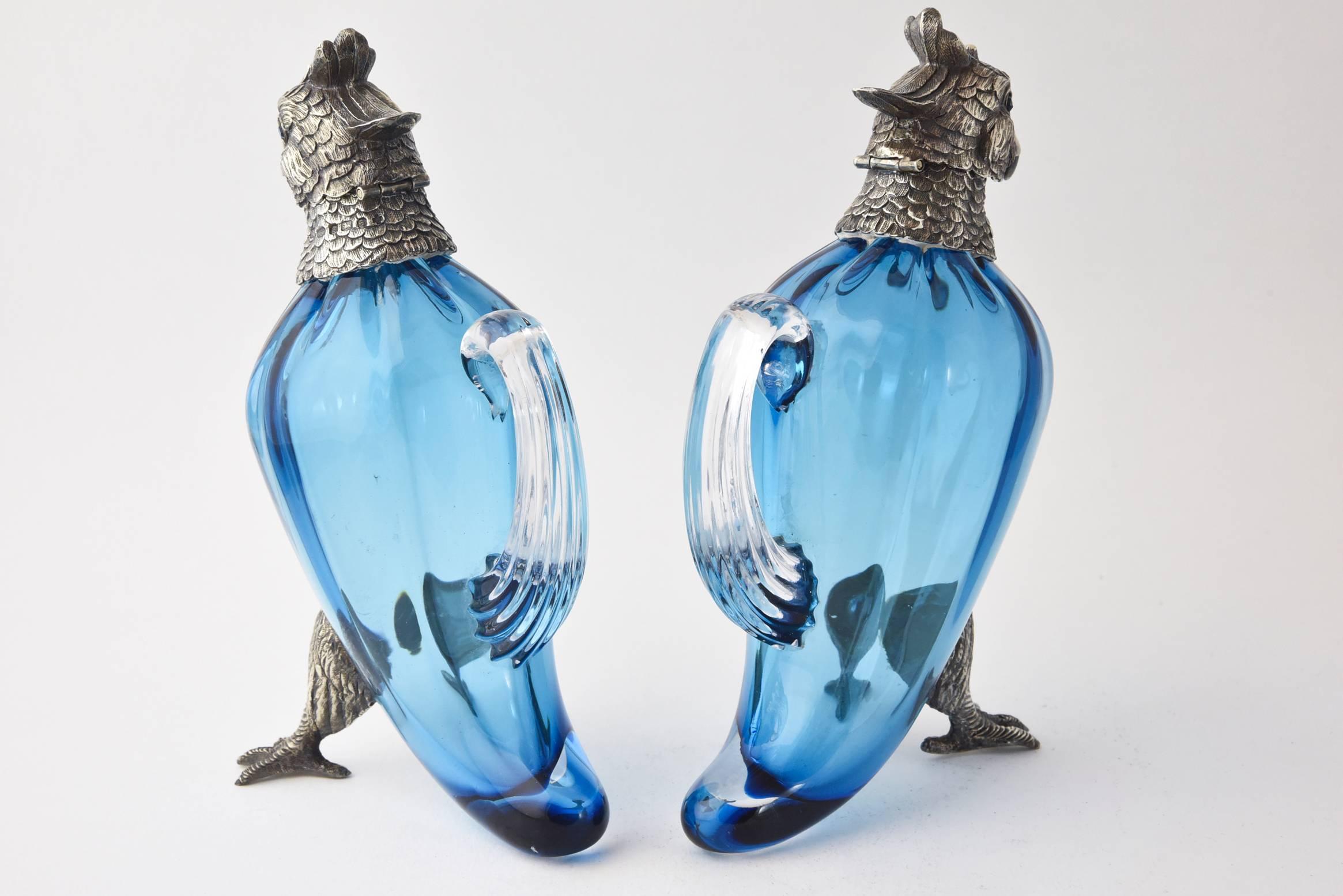 20th Century Sterling Silver & Art Glass Figural Bird Oil and Vinegar