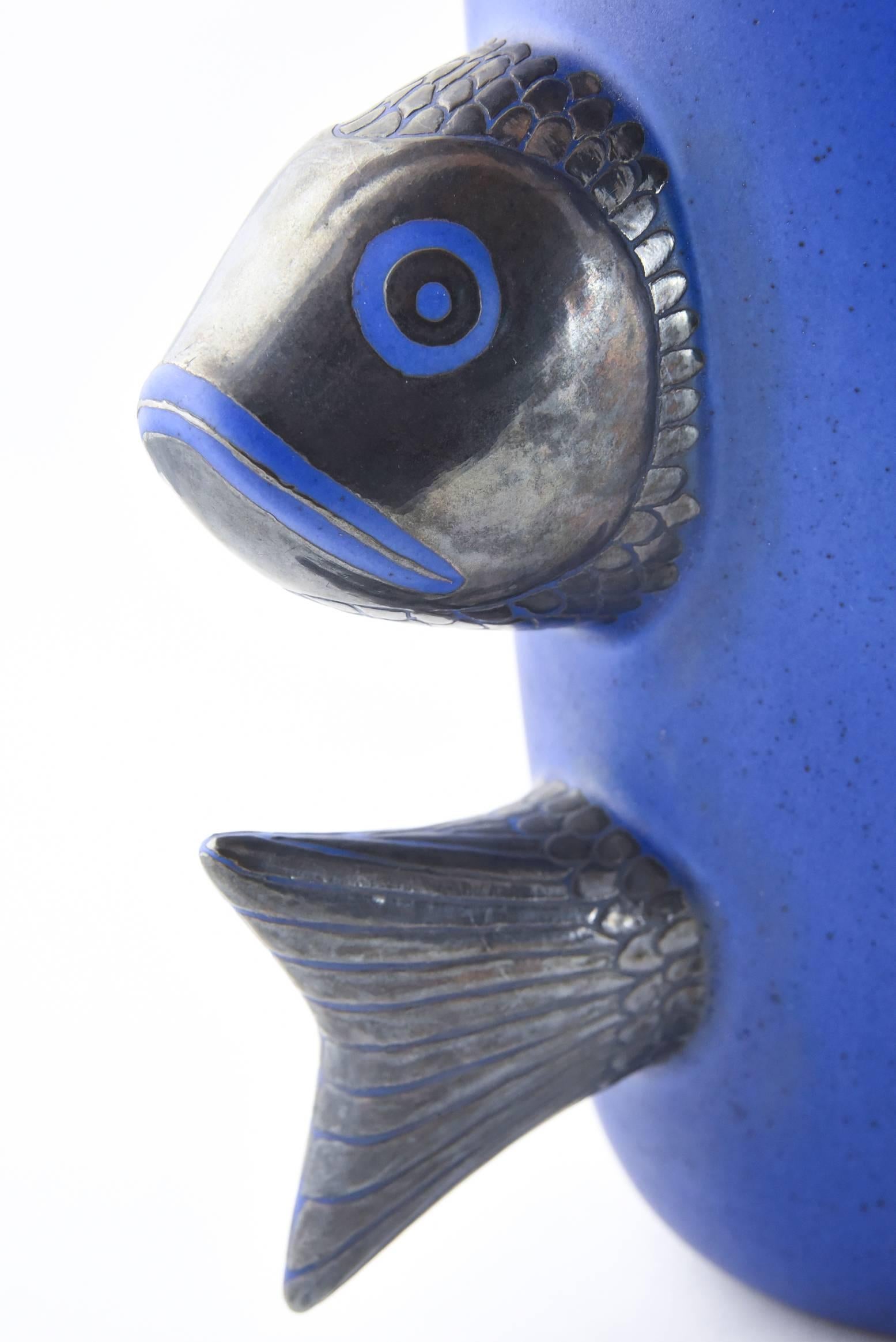 Rare Emilia Castillo Blue Pottery Figural Fish Vase In Excellent Condition In Miami Beach, FL