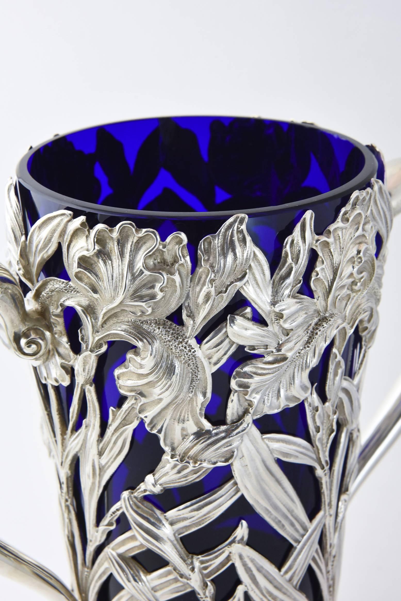 Metalwork Art Nouveau Floral Repousse Sterling Handled Vase and Blue Glass Insert