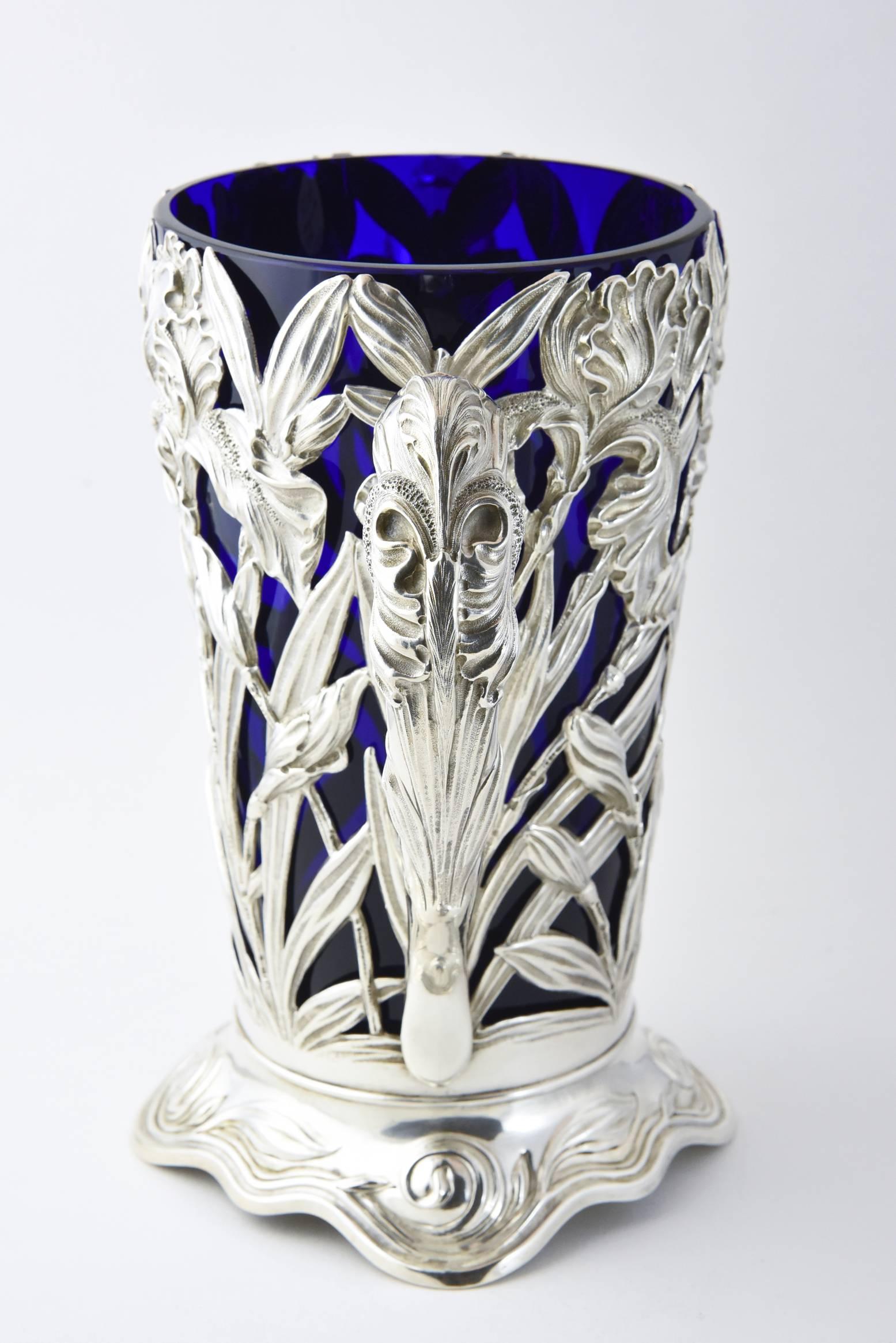 Art Nouveau Floral Repousse Sterling Handled Vase and Blue Glass Insert In Good Condition In Miami Beach, FL