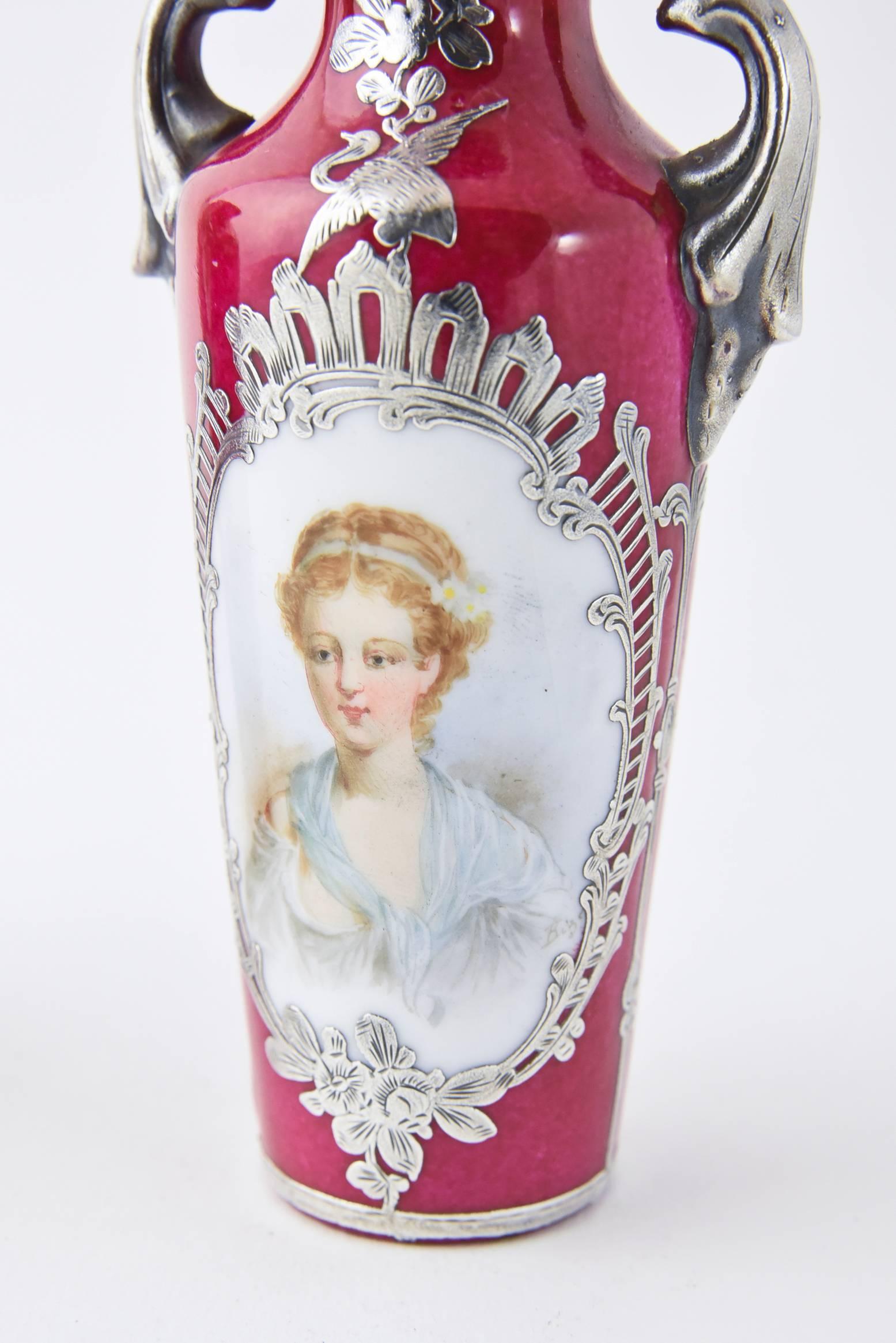 Pair of Pink Miniature Antique Portrait Vases with Silver Overlay Decoration In Good Condition For Sale In Miami Beach, FL