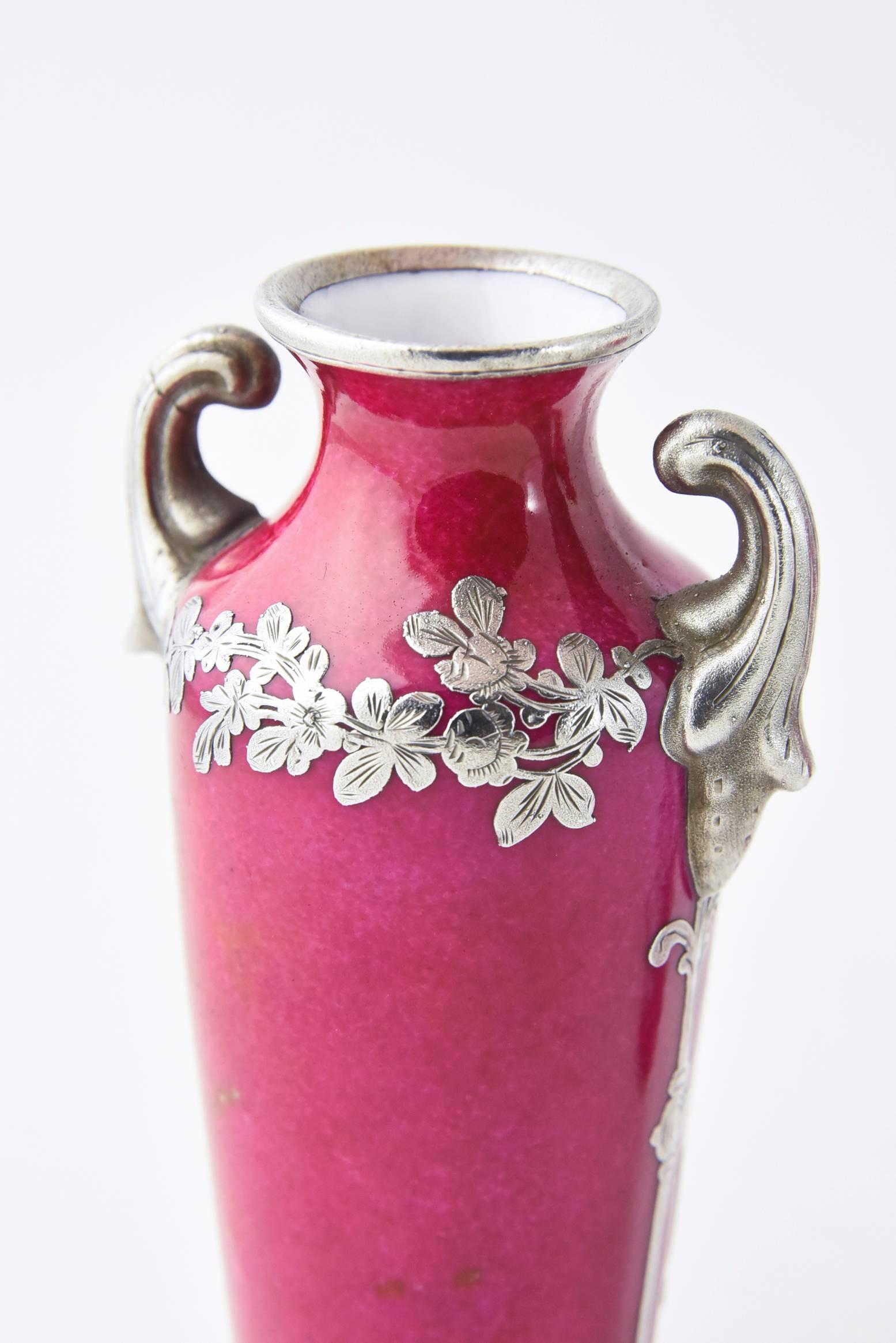 19th Century Pair of Pink Miniature Antique Portrait Vases with Silver Overlay Decoration For Sale