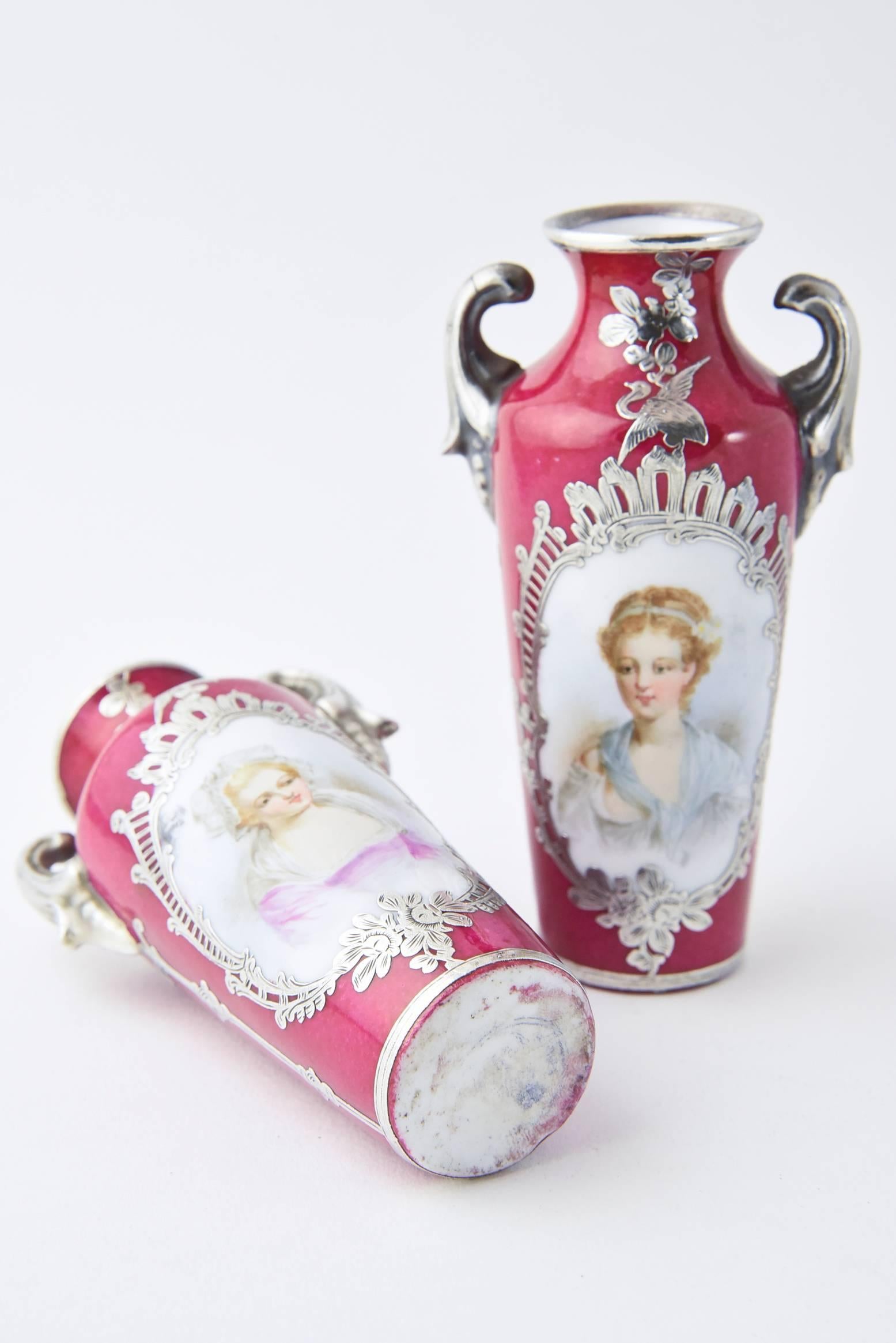 Pair of Pink Miniature Antique Portrait Vases with Silver Overlay Decoration For Sale 1