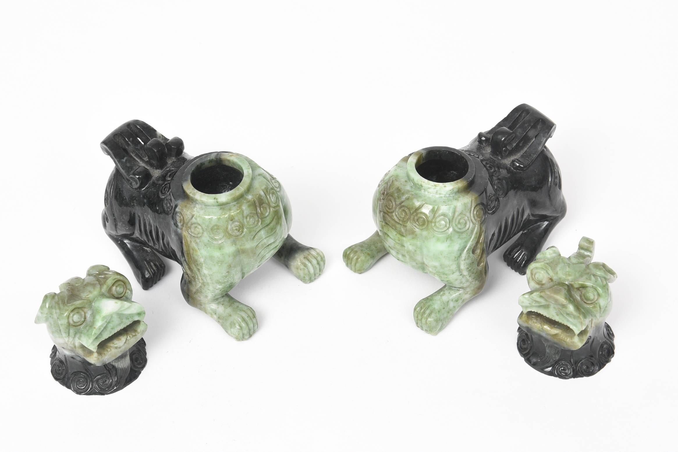 Other Mid-20th Century Pair of Chinese Carved Green Hardstone Foo Dogs / Lions For Sale