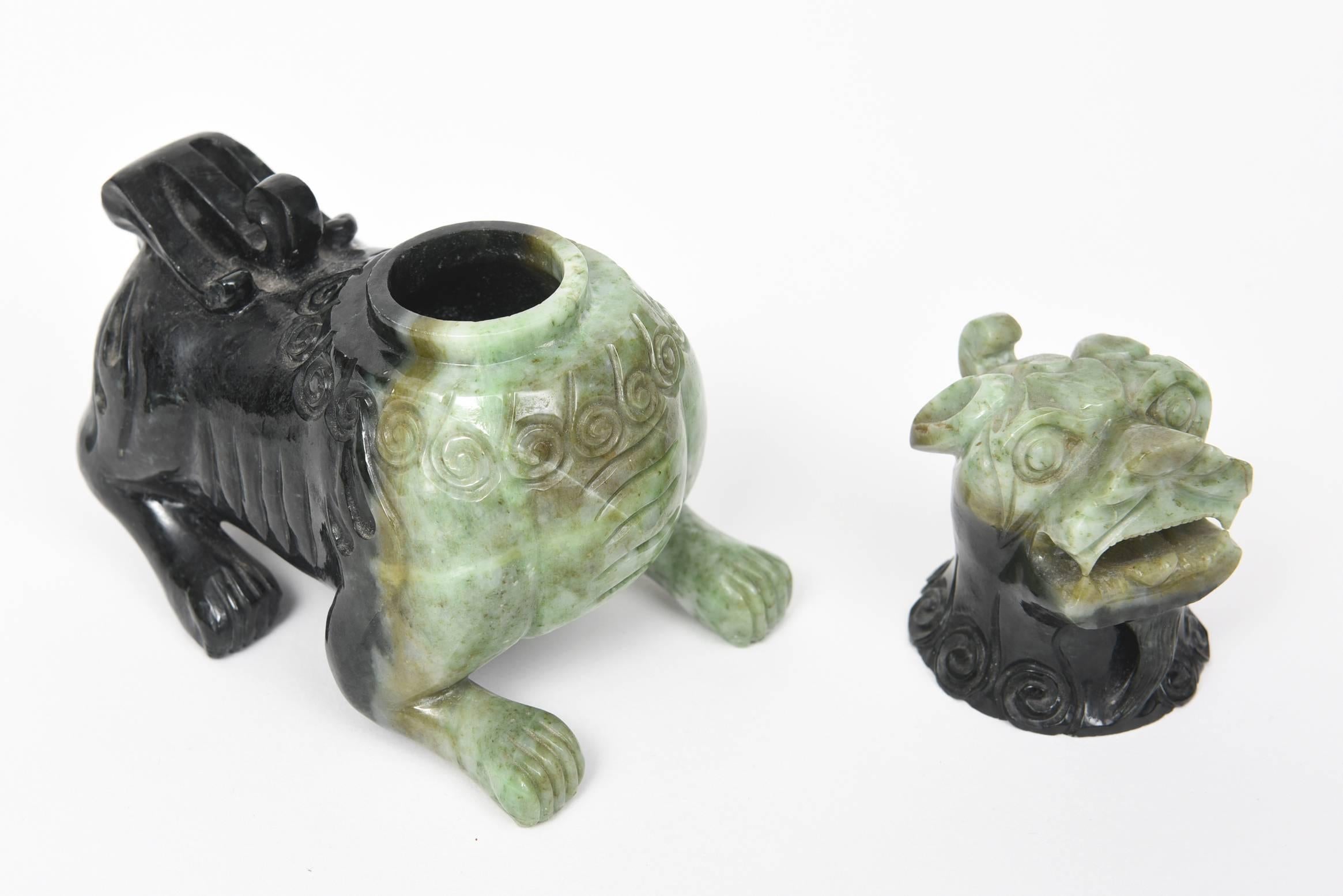 Mid-20th Century Pair of Chinese Carved Green Hardstone Foo Dogs / Lions For Sale 1