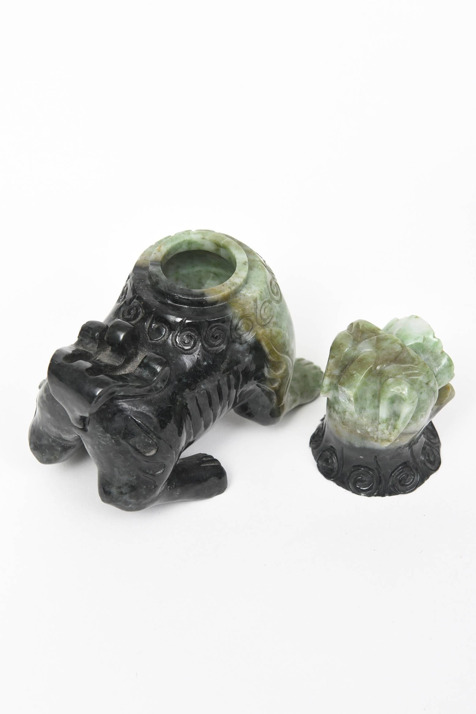 Mid-20th Century Pair of Chinese Carved Green Hardstone Foo Dogs / Lions For Sale 4