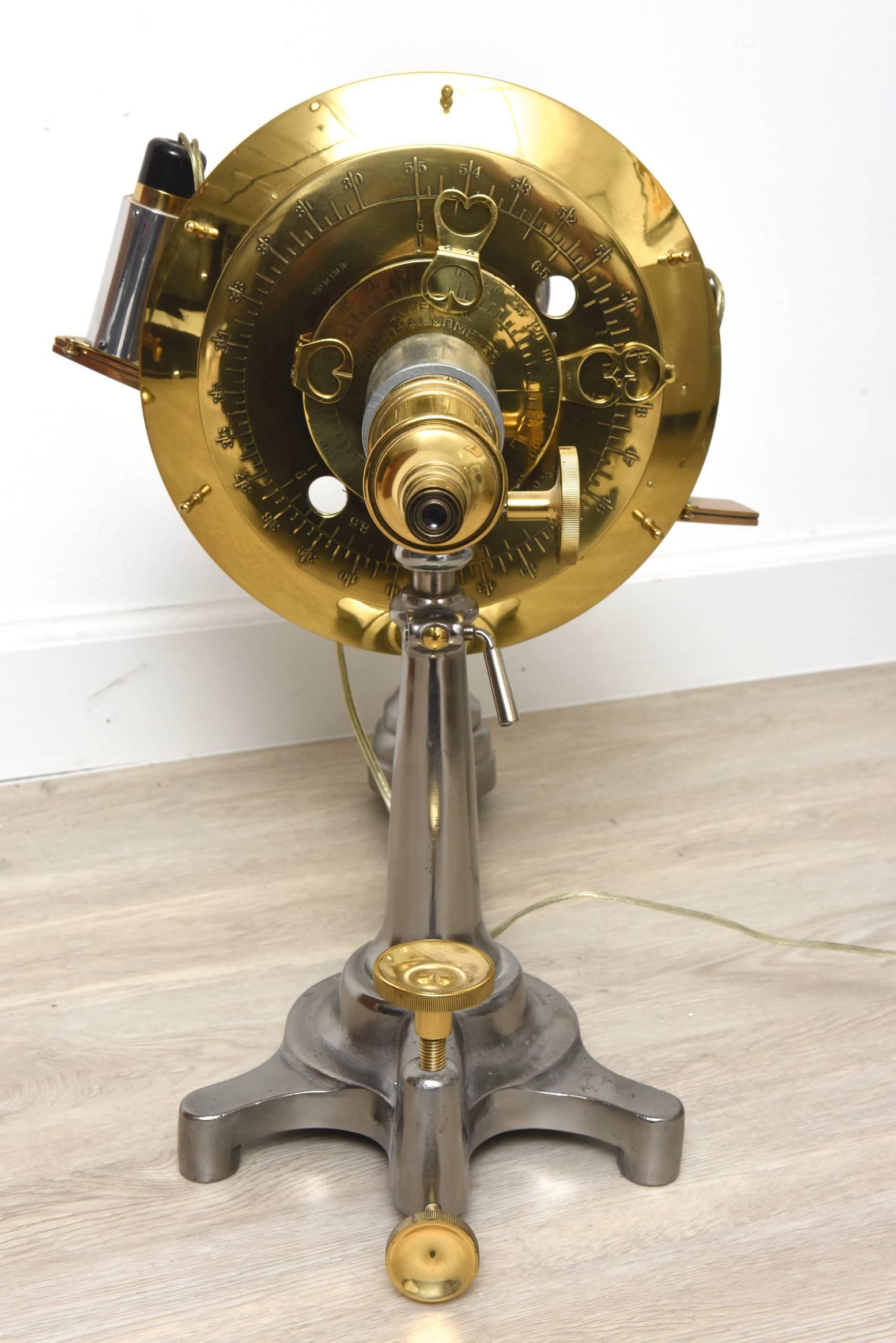This antique universal ophthalmometer eye exam machine by General Optical Company was used by an eye doctor over 100 years ago for examining a person’s eyes. An ophthalmometer is an instrument to measure the size of a reflected image on the convex