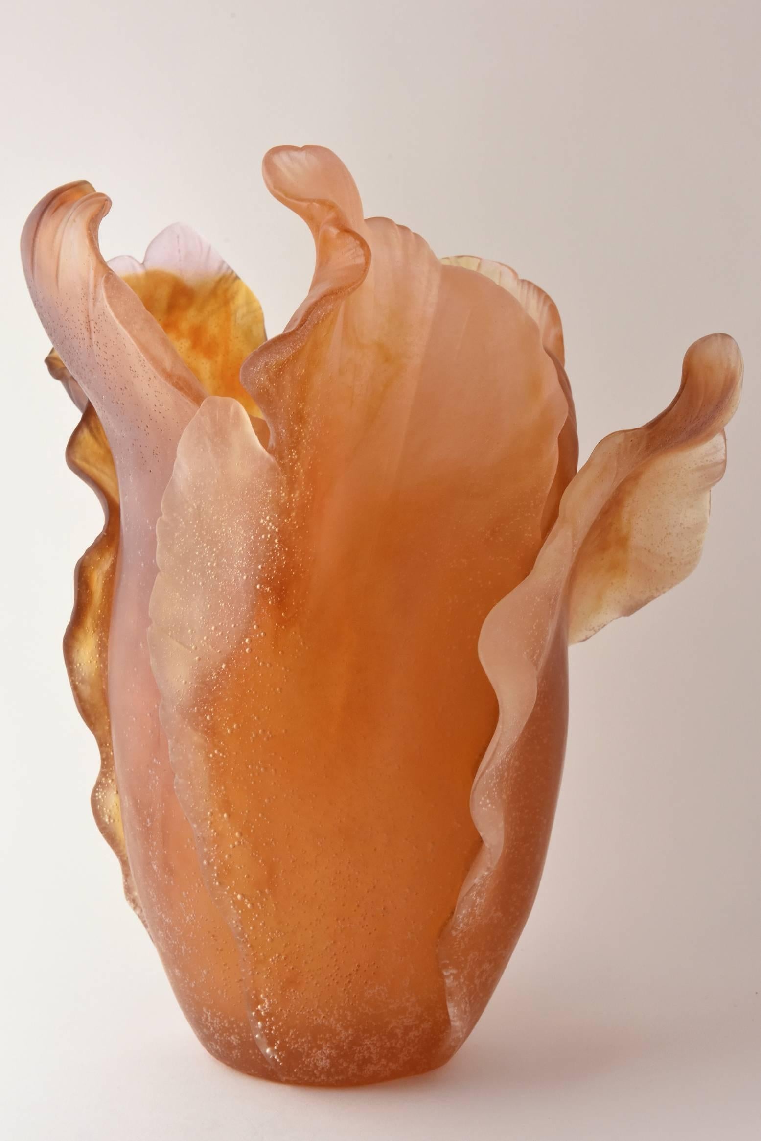 Hand-Crafted Large Daum Amber Tulip Vase with Original Box 