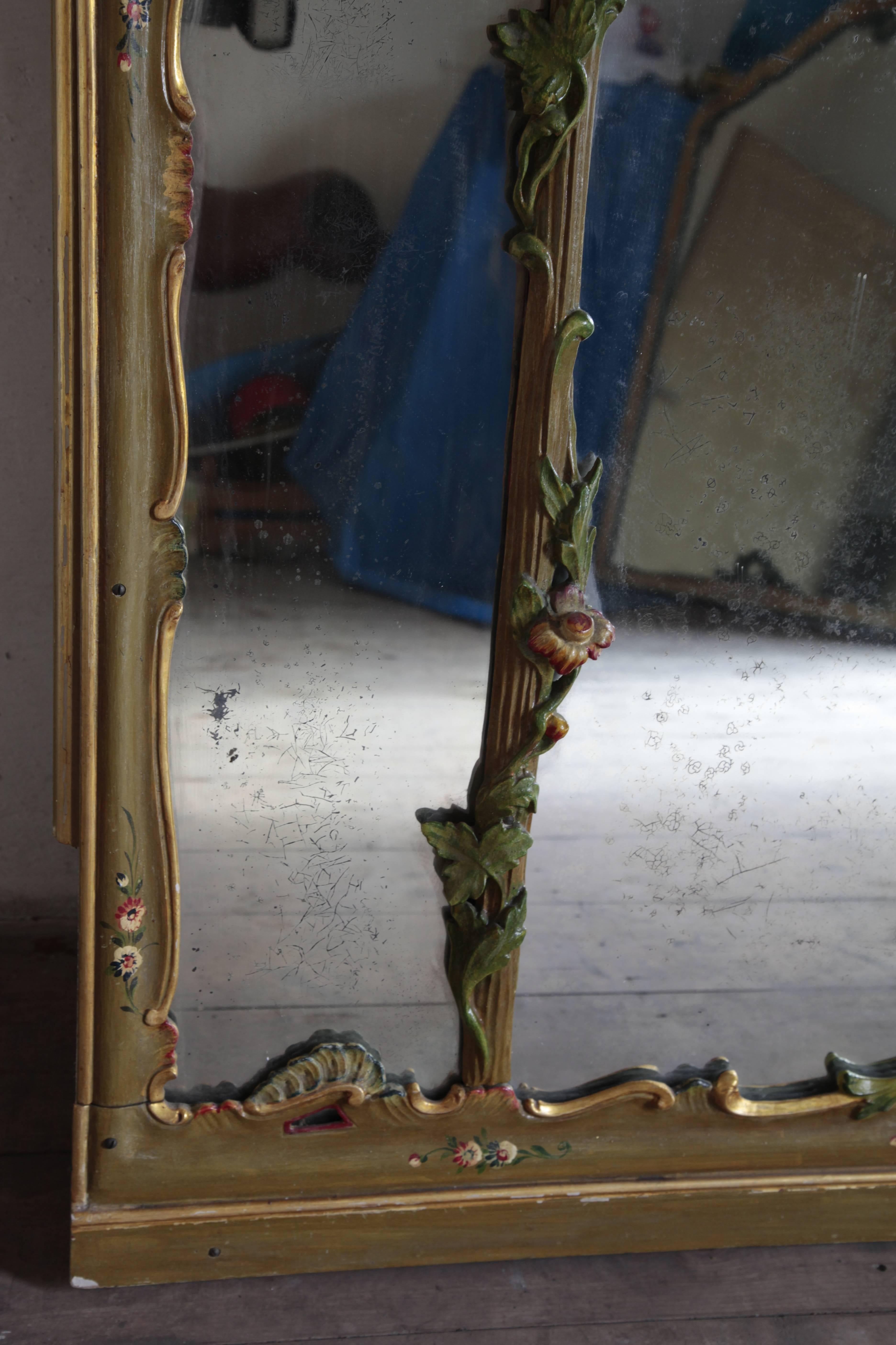 Original Venetian floor mirror, hand-painted and gilded. 

It has some minor discolouration due to age. The paint has small scratches but overall a beautiful piece of historical value.