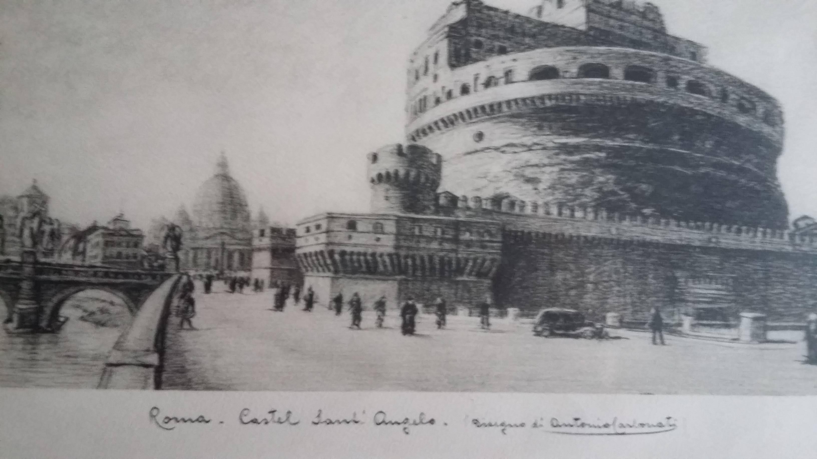Italian Etching Depicting Castello Sant´Angel in Rome During the Post-War Period, 1950s For Sale