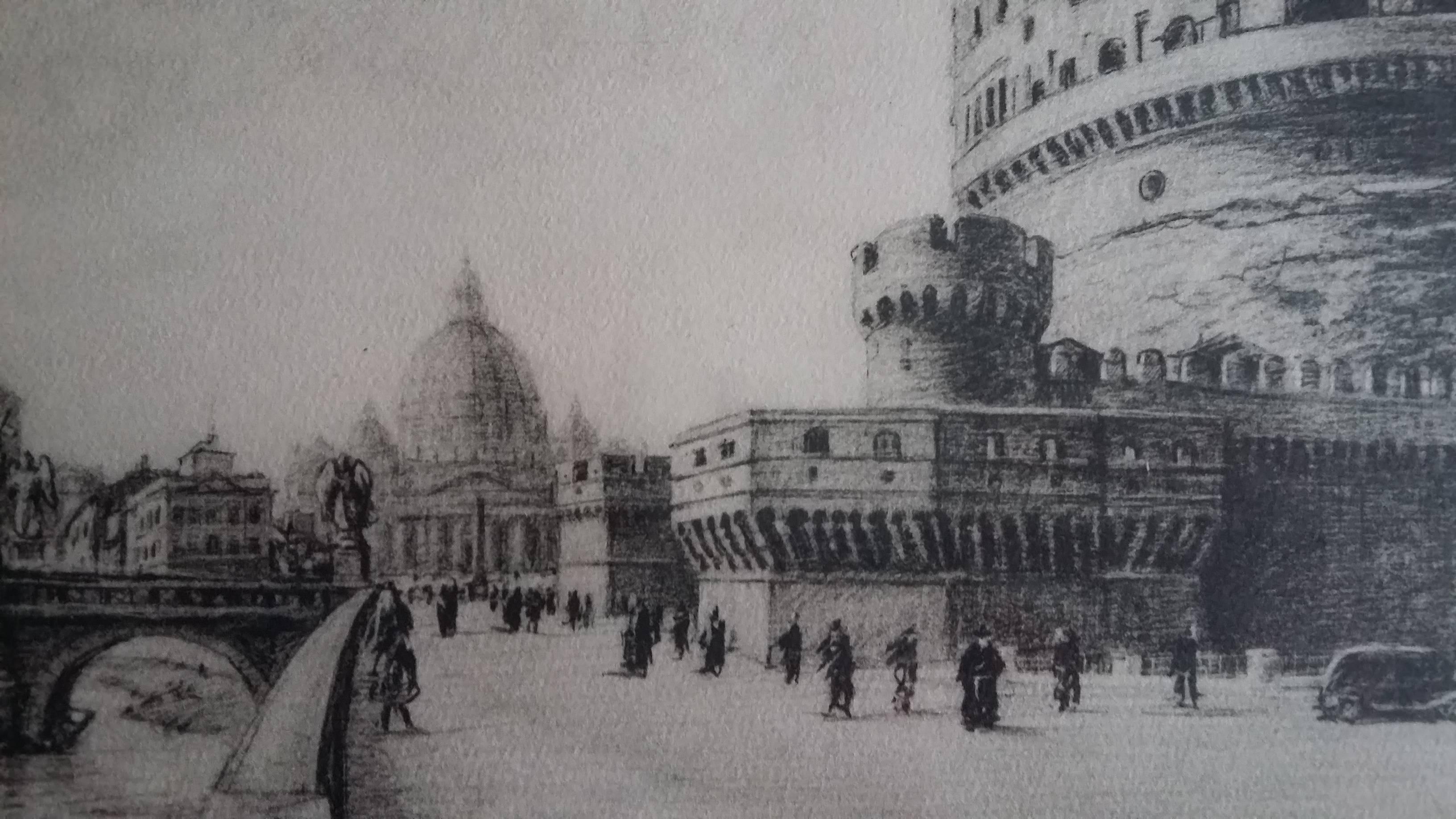 Etched Etching Depicting Castello Sant´Angel in Rome During the Post-War Period, 1950s For Sale