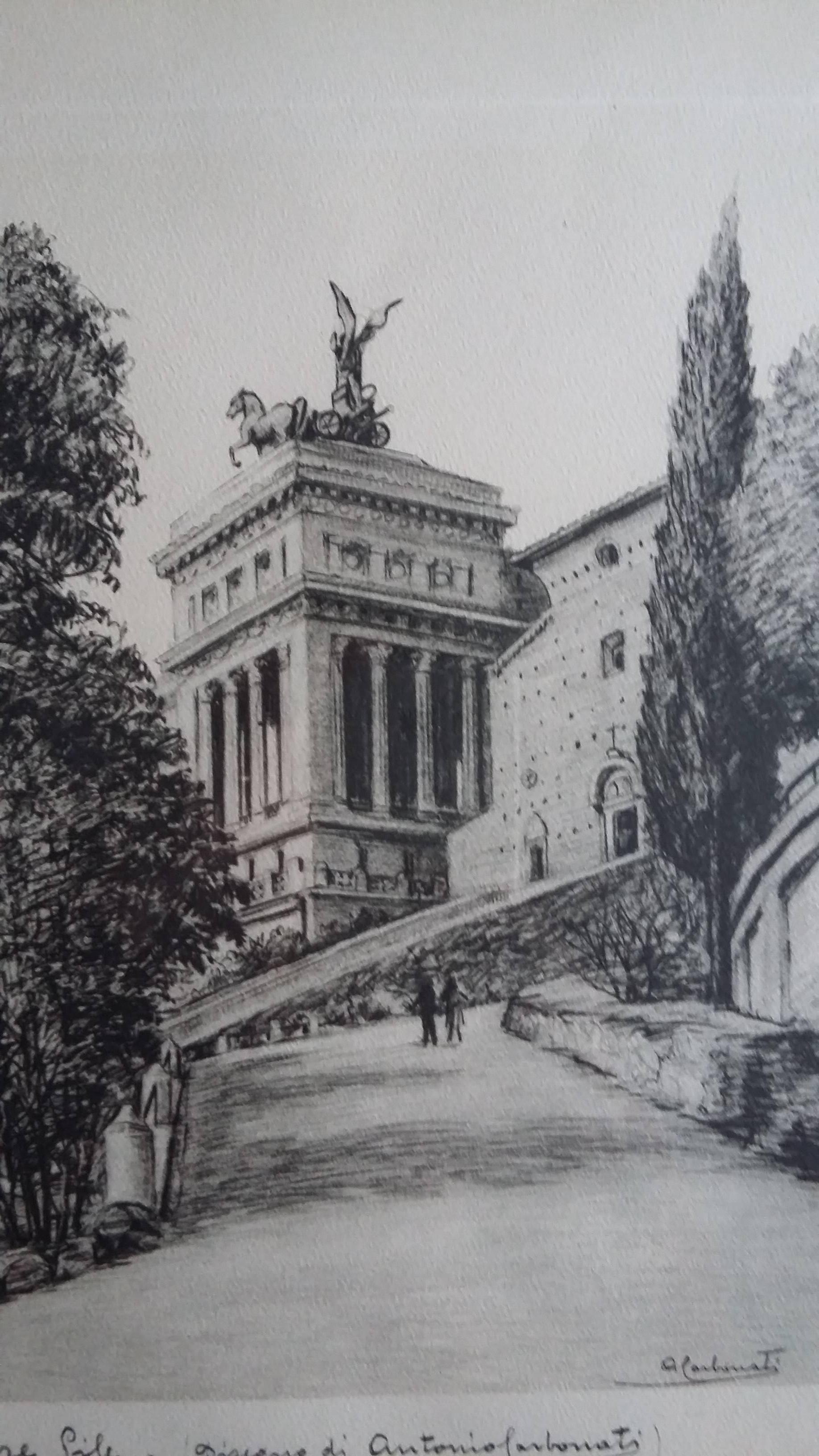 This is a limited edition illustration from January 1950 by Antonio Carbonati (1893-1955), depicting the scenery of Rome during the post-war period. 

At the bottom of the print there is a description in Italian of the location of the