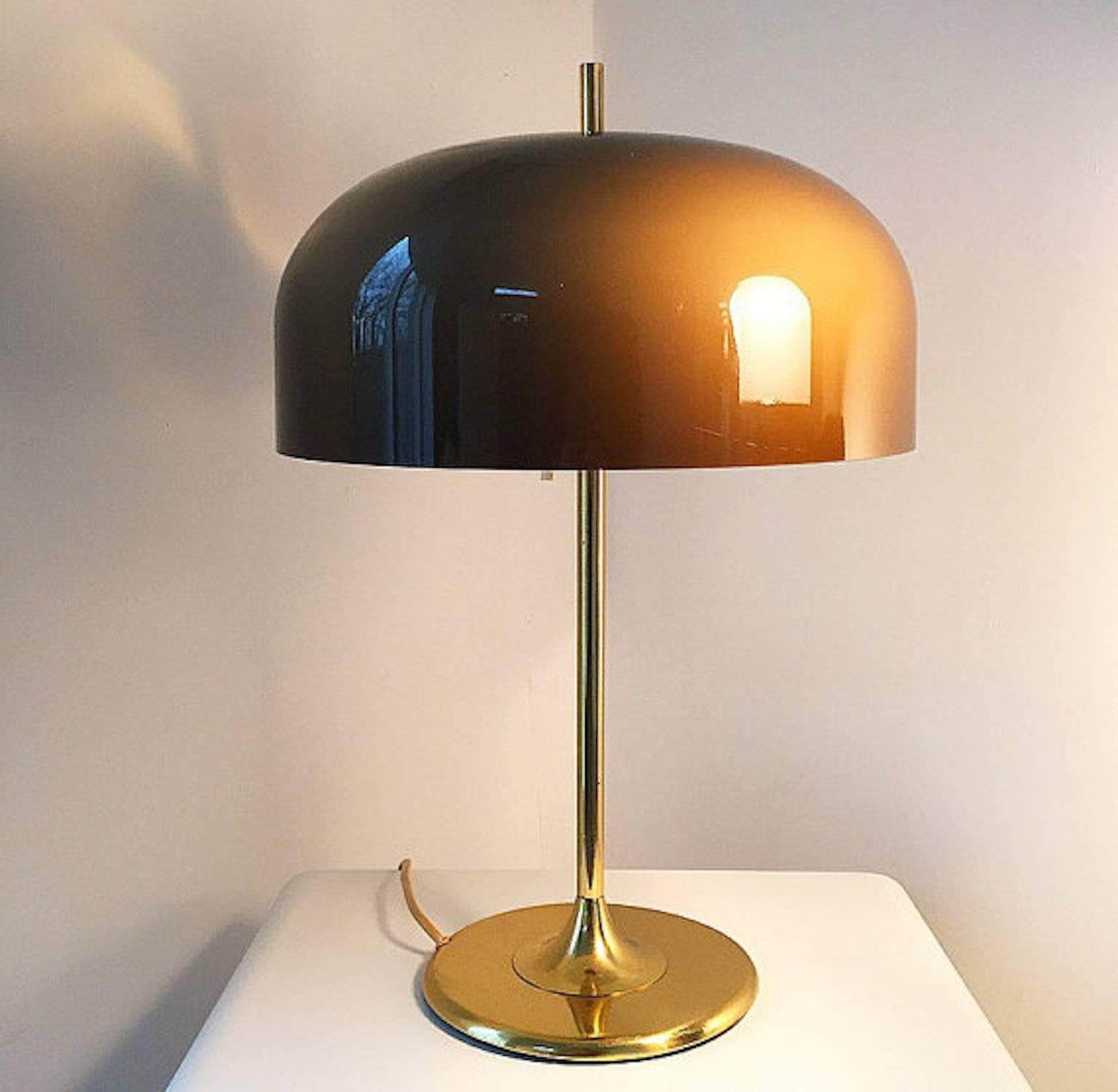 Produced by Meblo attributed to Harvey Guzzini in the early 1970s. 

Elegant shaped mocca colored acrylic shade with milky white acrylic inside. Base and stem is brass alloy and the light consists of two light sockets.

This is indeed a