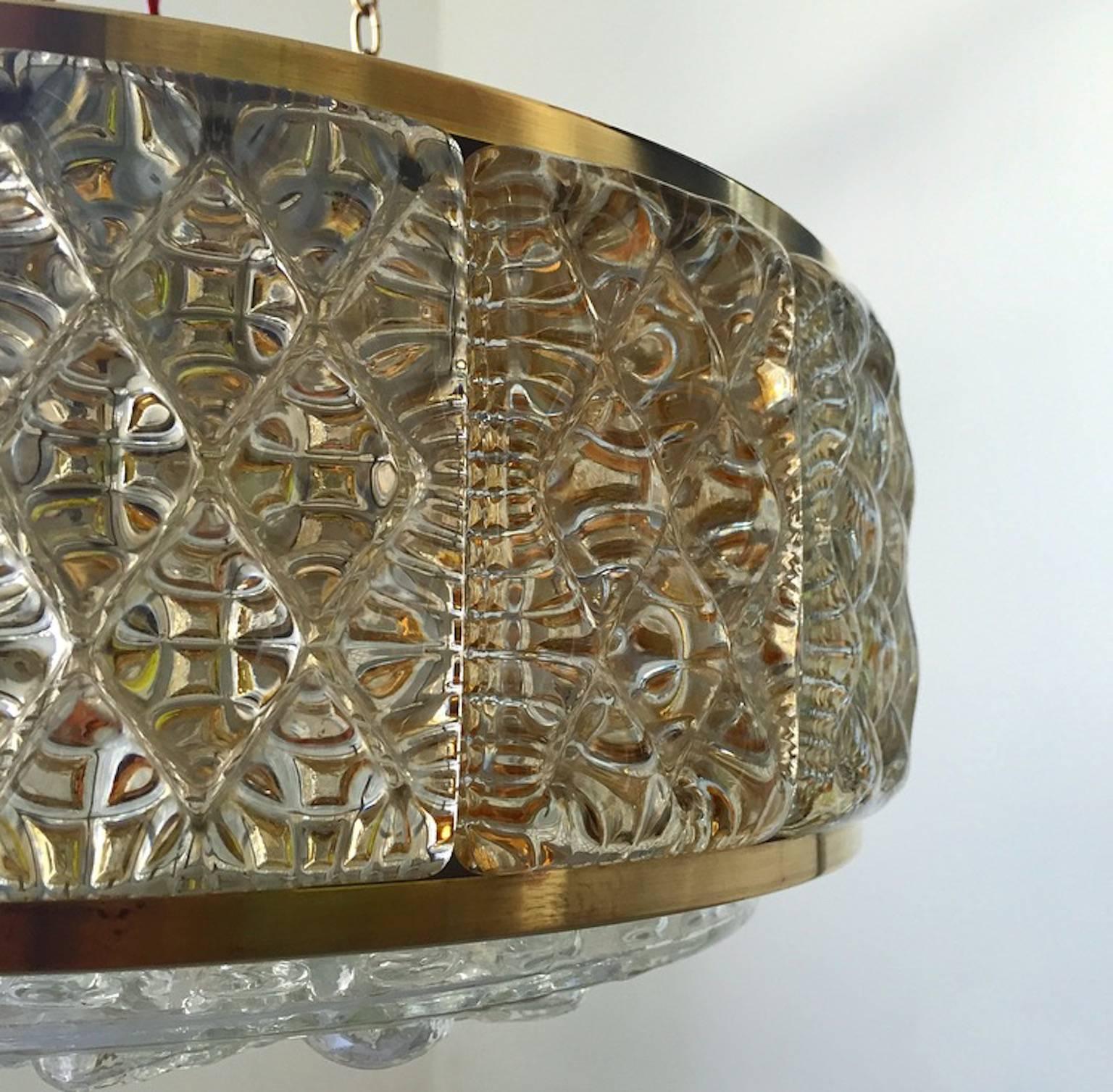 Brass Danish Mid-Century Glass Chandelier by Vitrika in Collaboration with Orrefors For Sale