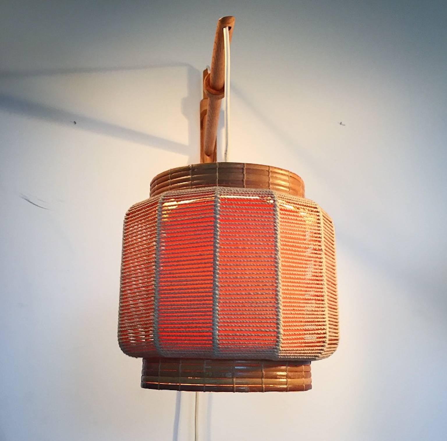 Mid-20th Century Wall Lamp in Oak, Twine and Wicker Designed by Kaare Klint