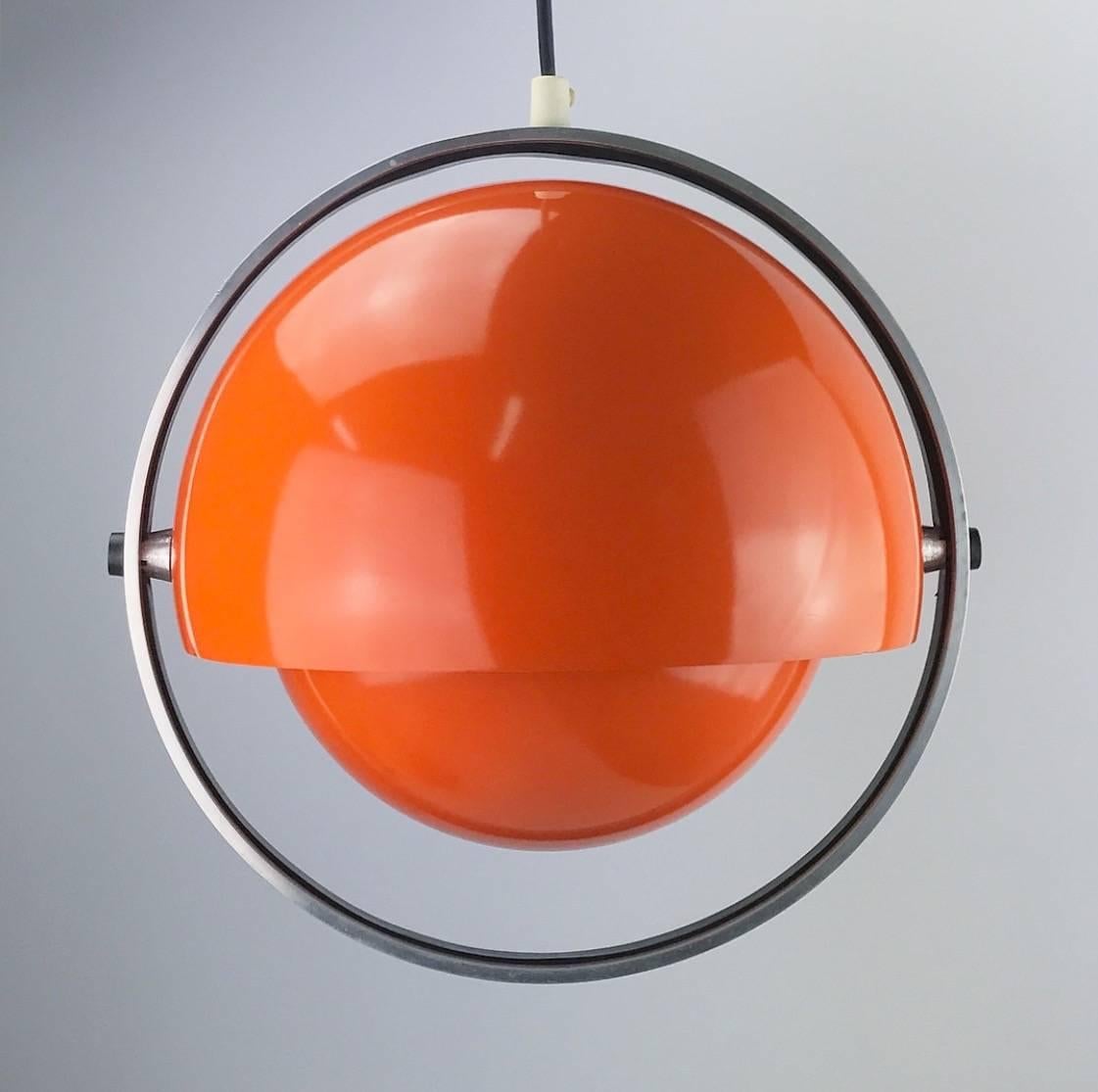Ceiling pendant made by Flemming Brylle and Preben Jacobsen 1963 for quality system, Denmark. 

This rare ceiling light consists of two spheres which are individually attached around a outer chrome ring. Light can be distributed 360 degrees.