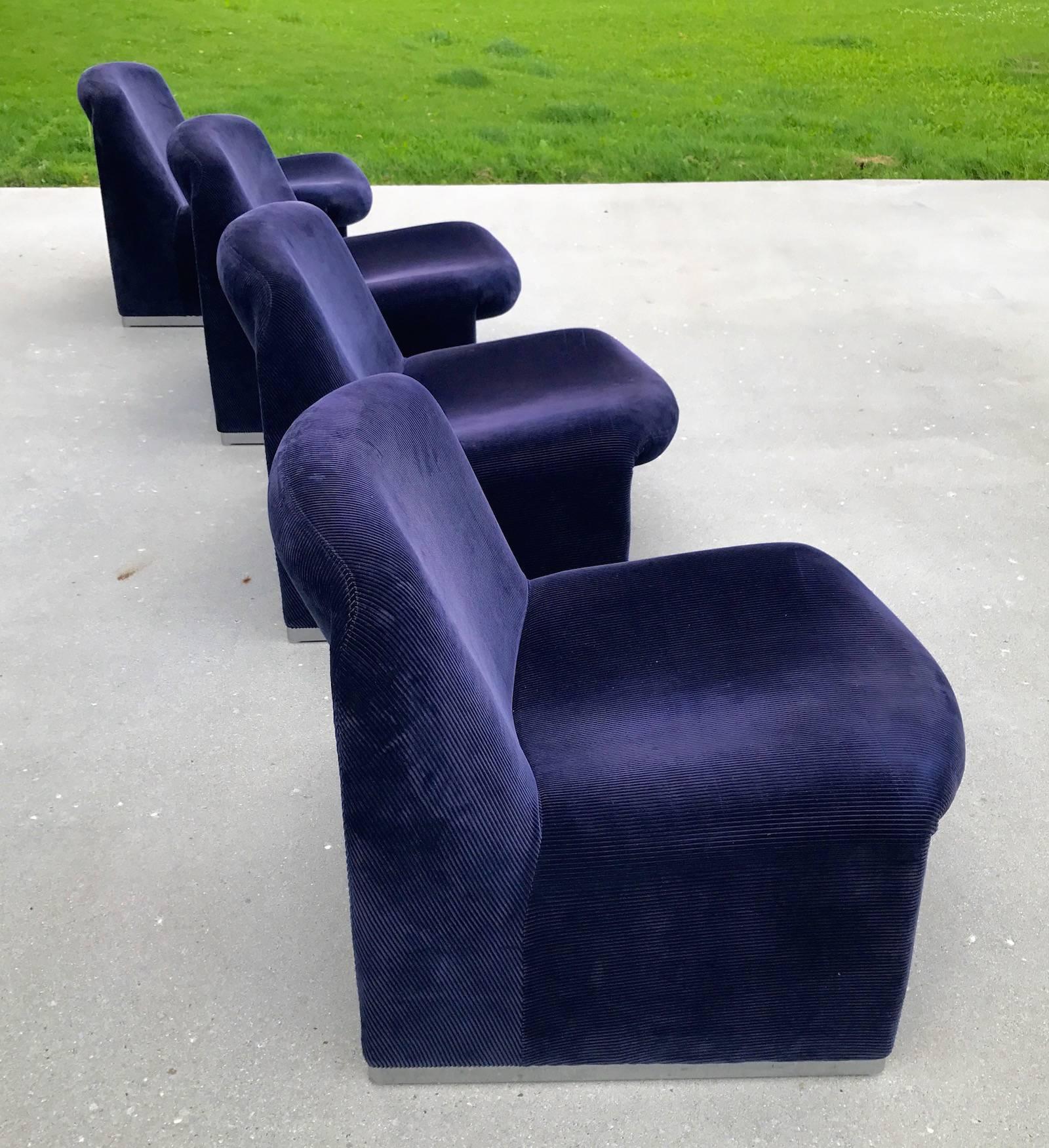 Italian Blue Corduroy Giancarlo Piretti Alky Lounge Chairs by Castelli