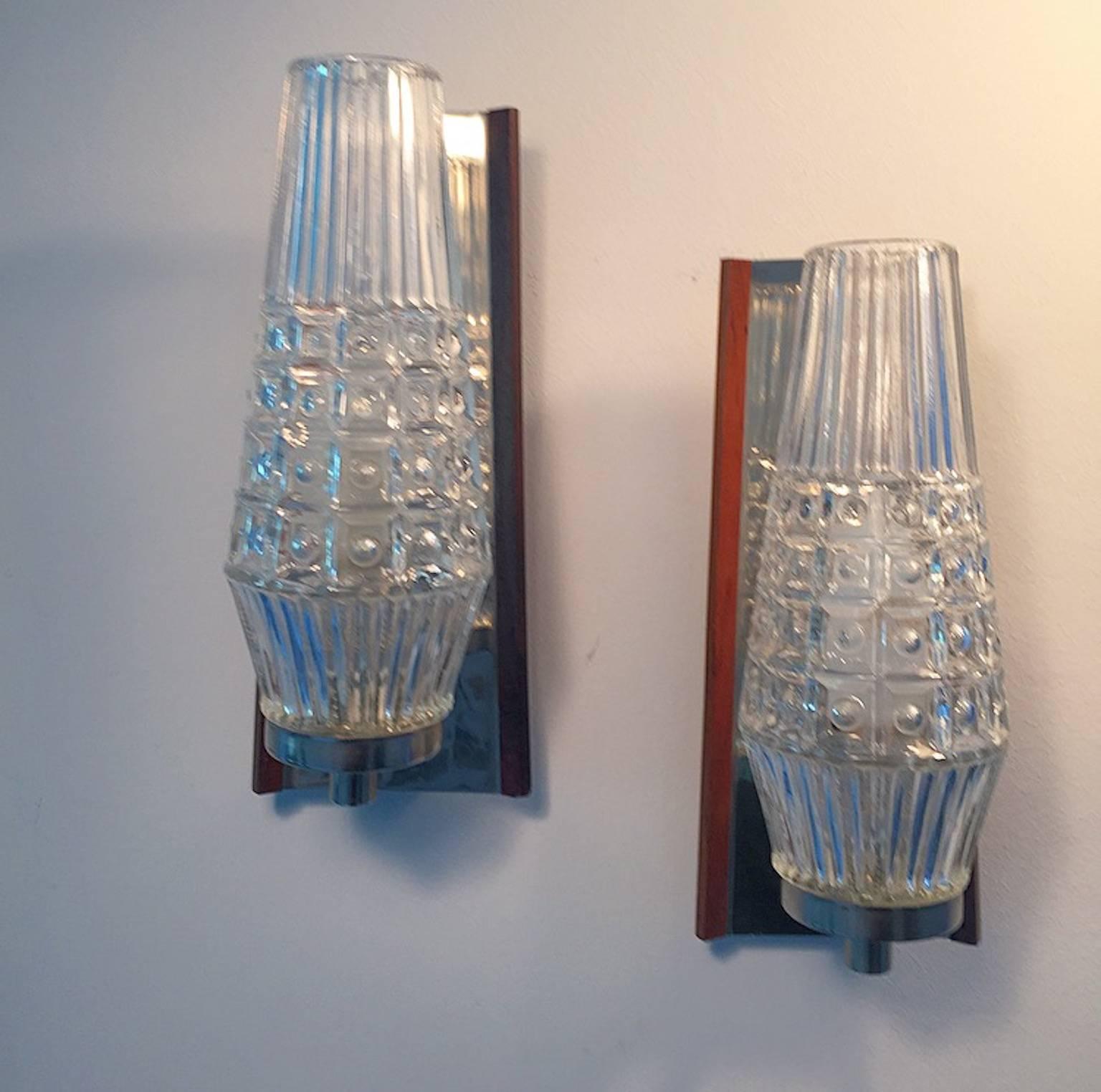 Mid-Century Modern Danish Mid-Century Glass Sconces with Rosewood Details For Sale