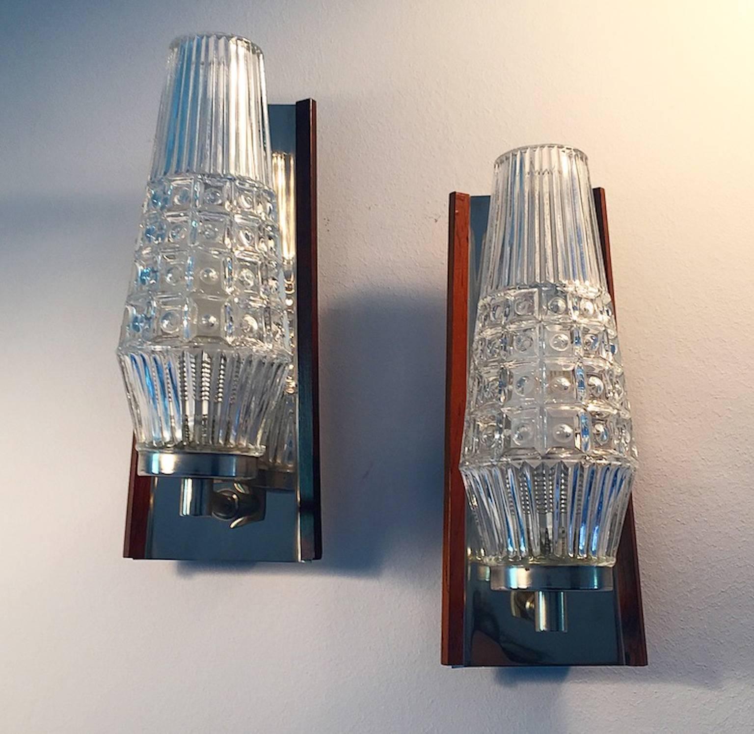 Molded Danish Mid-Century Glass Sconces with Rosewood Details For Sale