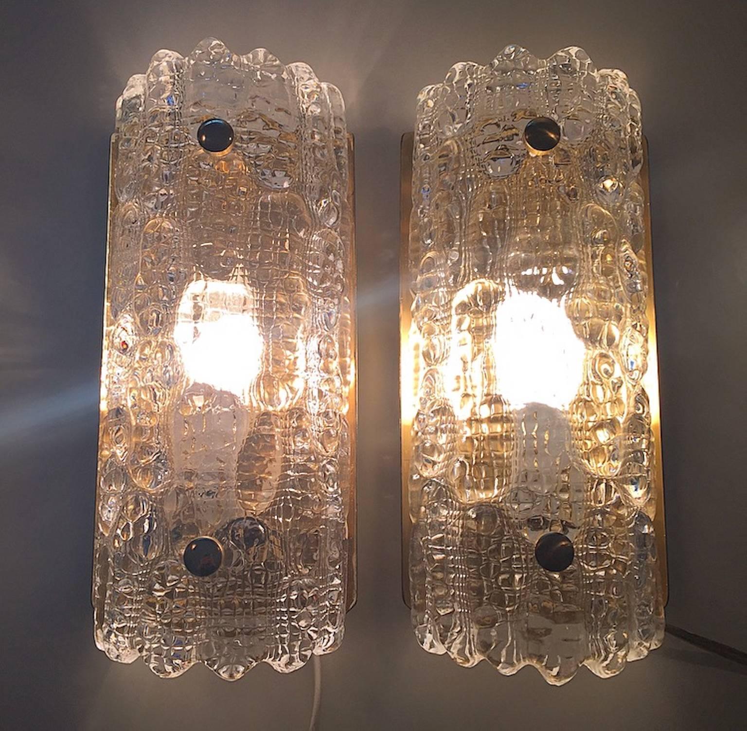 Danish Pair of Glass and Brass Wall Sconces by Carl Fagerlund and Orrefors for Lyfa
