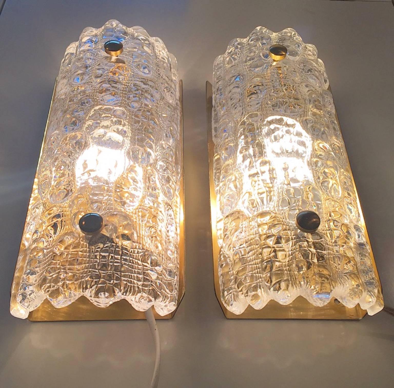 Mid-Century Modern Pair of Glass and Brass Wall Sconces by Carl Fagerlund and Orrefors for Lyfa