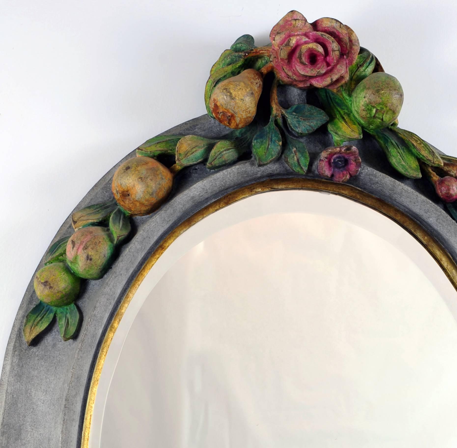 Unique Artisan Mirror from the 1980s. Sculpted and painted with a beautiful fruit and flowers fantasy.