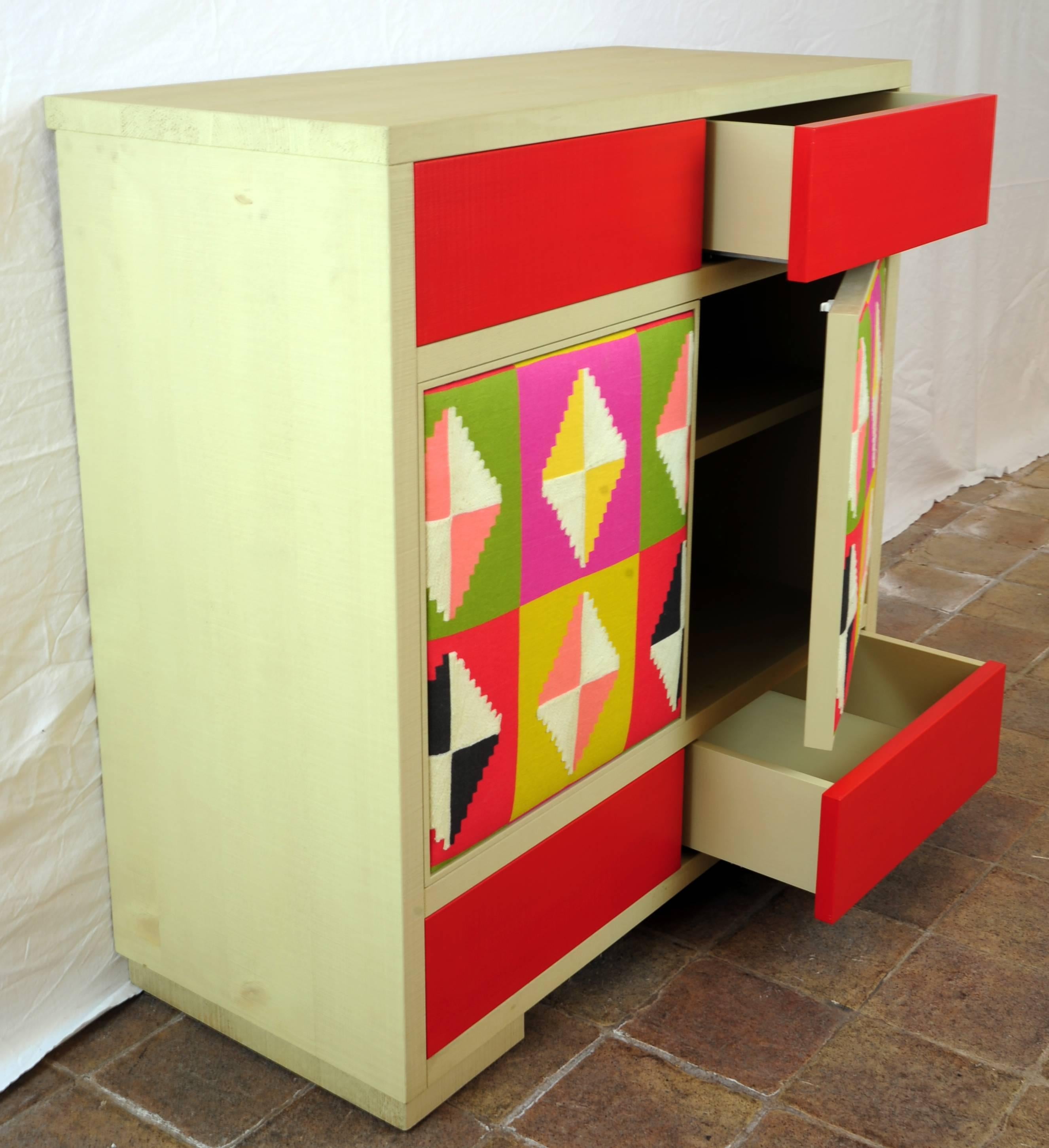 Hand-Crafted Modern Wood and Kilim Fabric Cabinet by Michelangeli, Italy For Sale