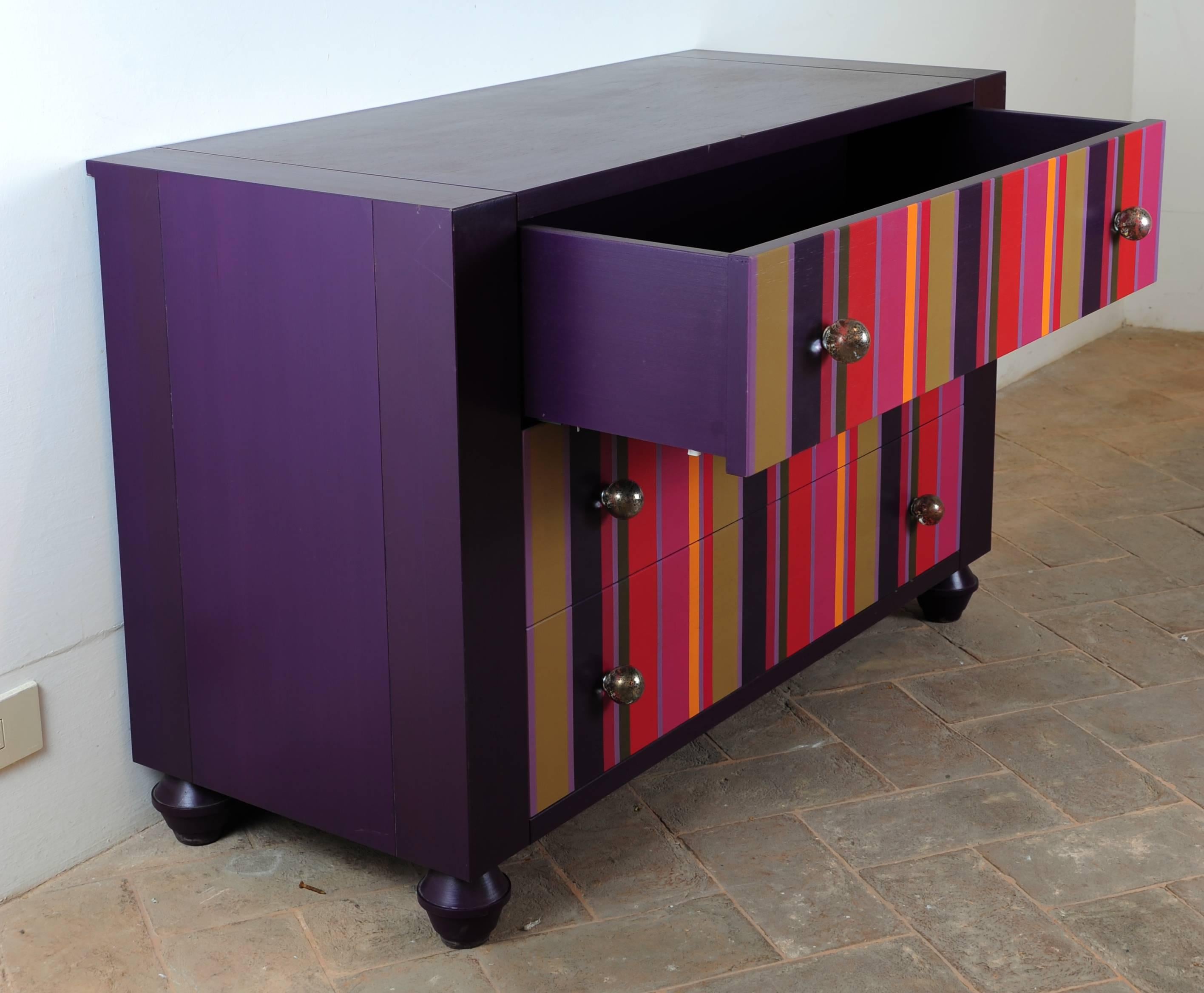 Beautiful airbrushed chest of drawers. Handmade in toulipier wood with glass knobs. Like all the pieces from the Bottega G. Michelangeli, this artisan dining table it is made by master Italian woodworkers with traditional technique and modern