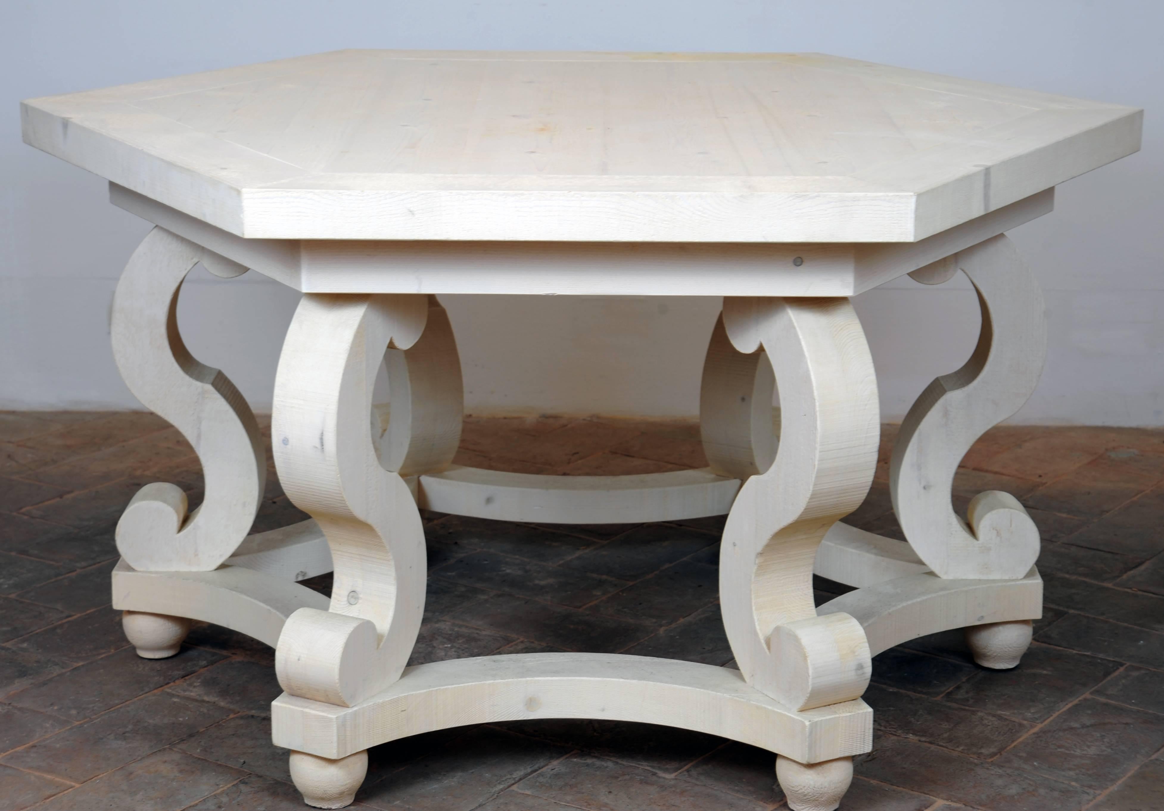 Arts and Crafts Hexagonal White Fir Wood Table by Michelangeli, Italy For Sale