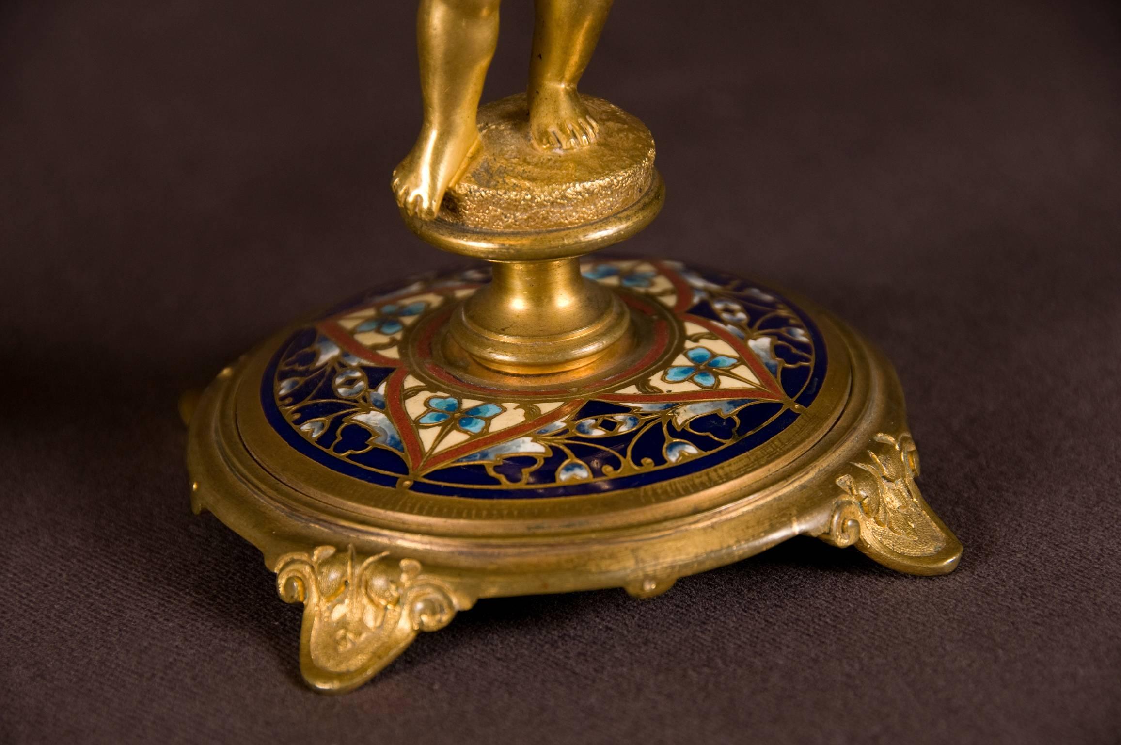 Three-Piece Champlevé Enamel Gilt Brass Clock Garniture, France, 19th Century For Sale 1