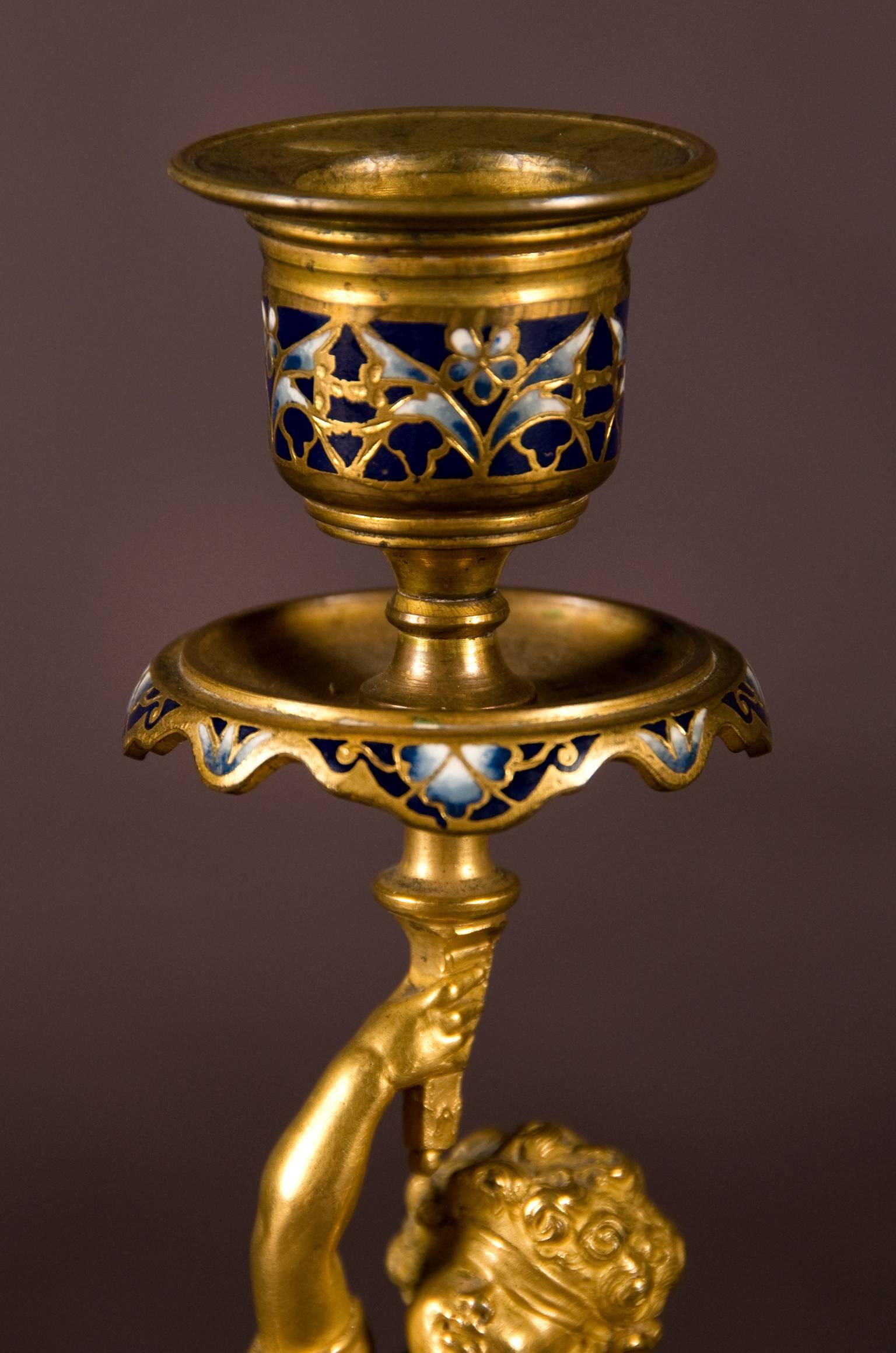 Three-Piece Champlevé Enamel Gilt Brass Clock Garniture, France, 19th Century For Sale 2