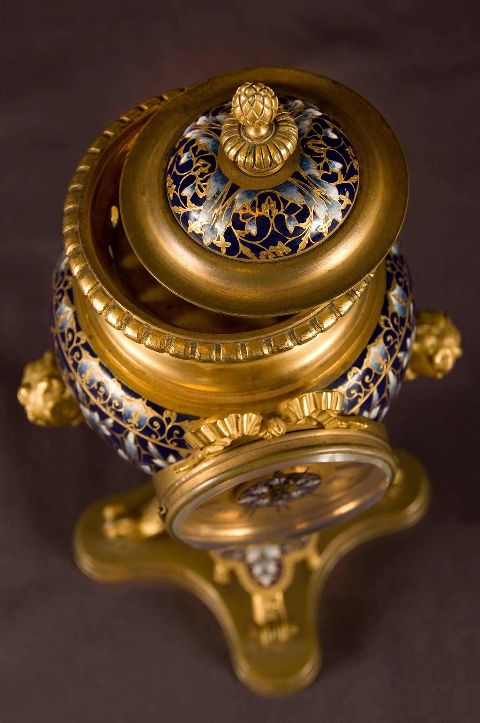 French Three-Piece Champlevé Enamel Gilt Brass Clock Garniture, France, 19th Century For Sale