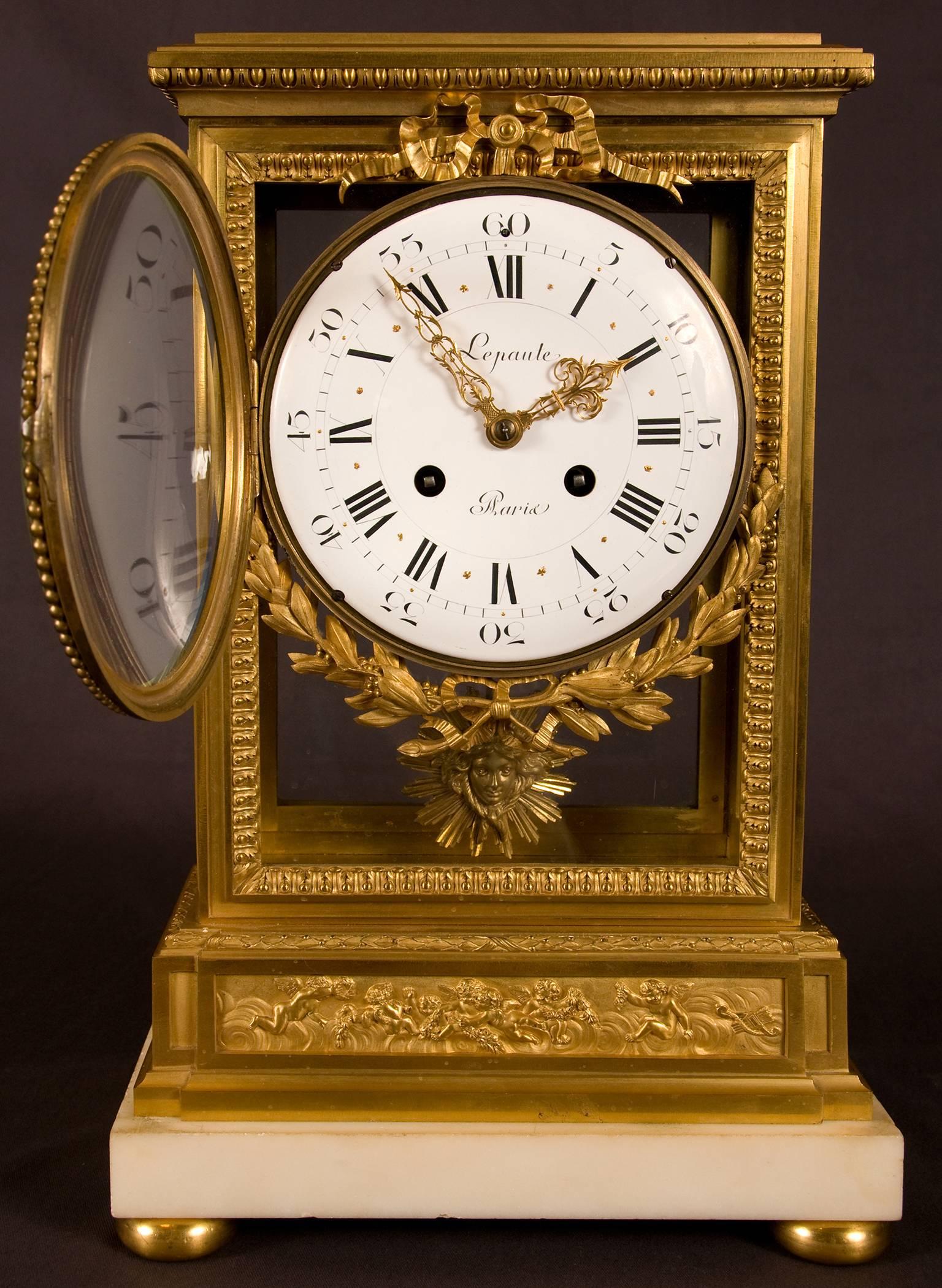 Beveled Louis XVI Style Gilt Bronze and Marble Mantel Clock, Signed Lepaute, a Paris For Sale