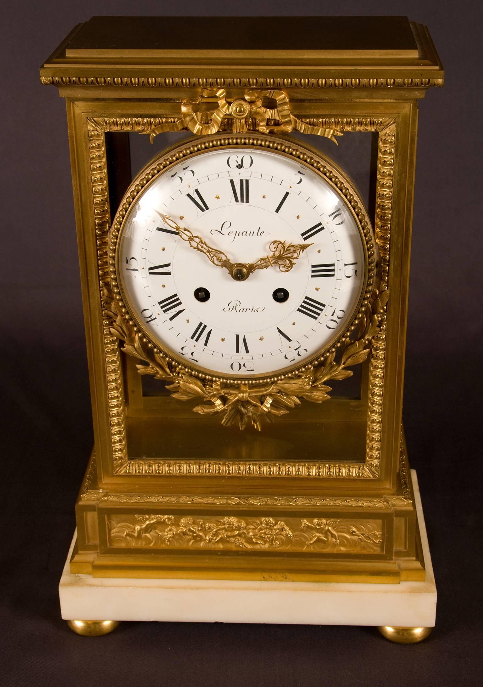 Louis XVI Style Gilt Bronze and Marble Mantel Clock, Signed Lepaute, a Paris For Sale 1