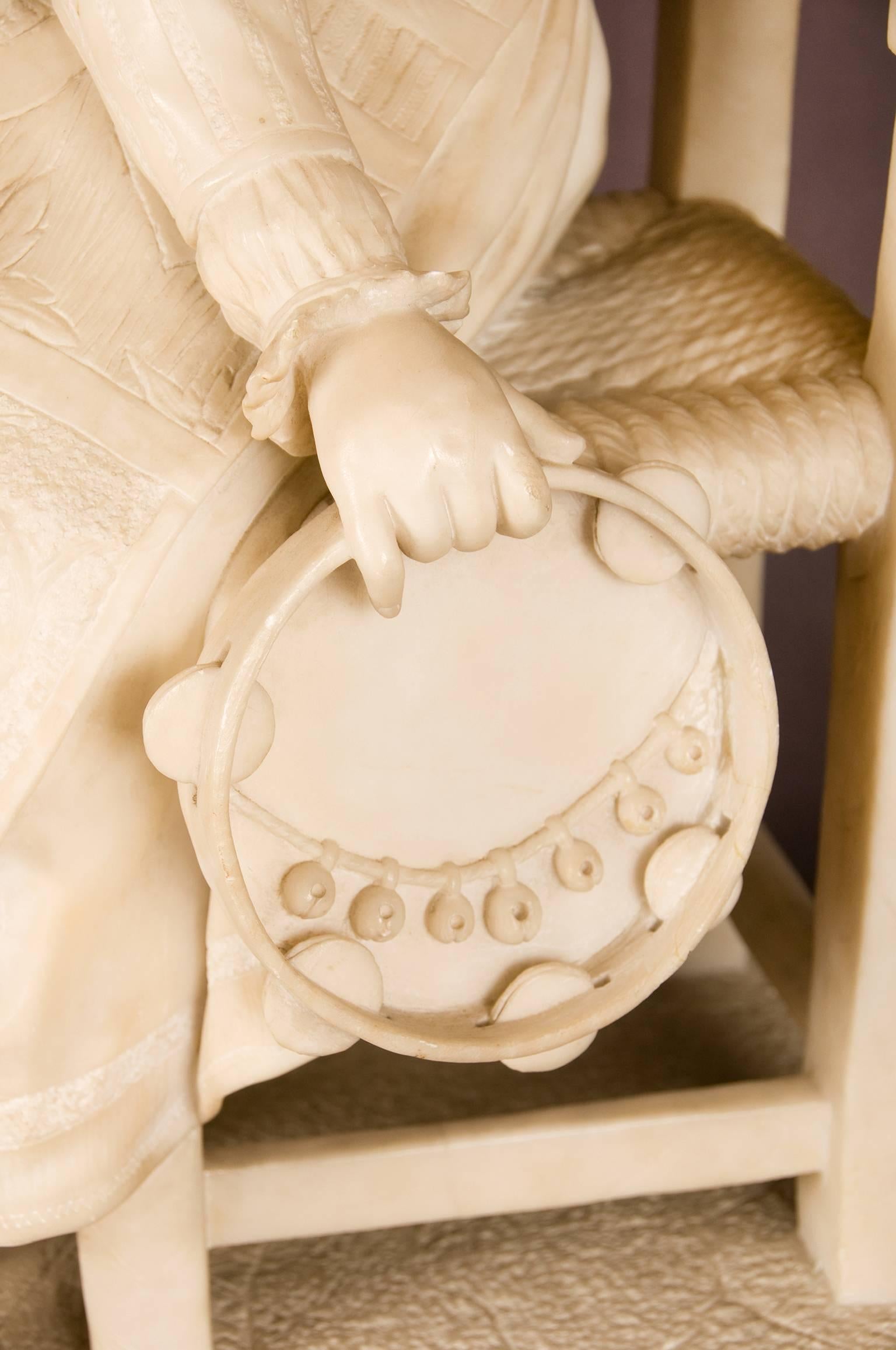 Romantic Alabaster Sculpture of Young Girl Seated Holding a Tambourine, Italy, circa 1860 For Sale