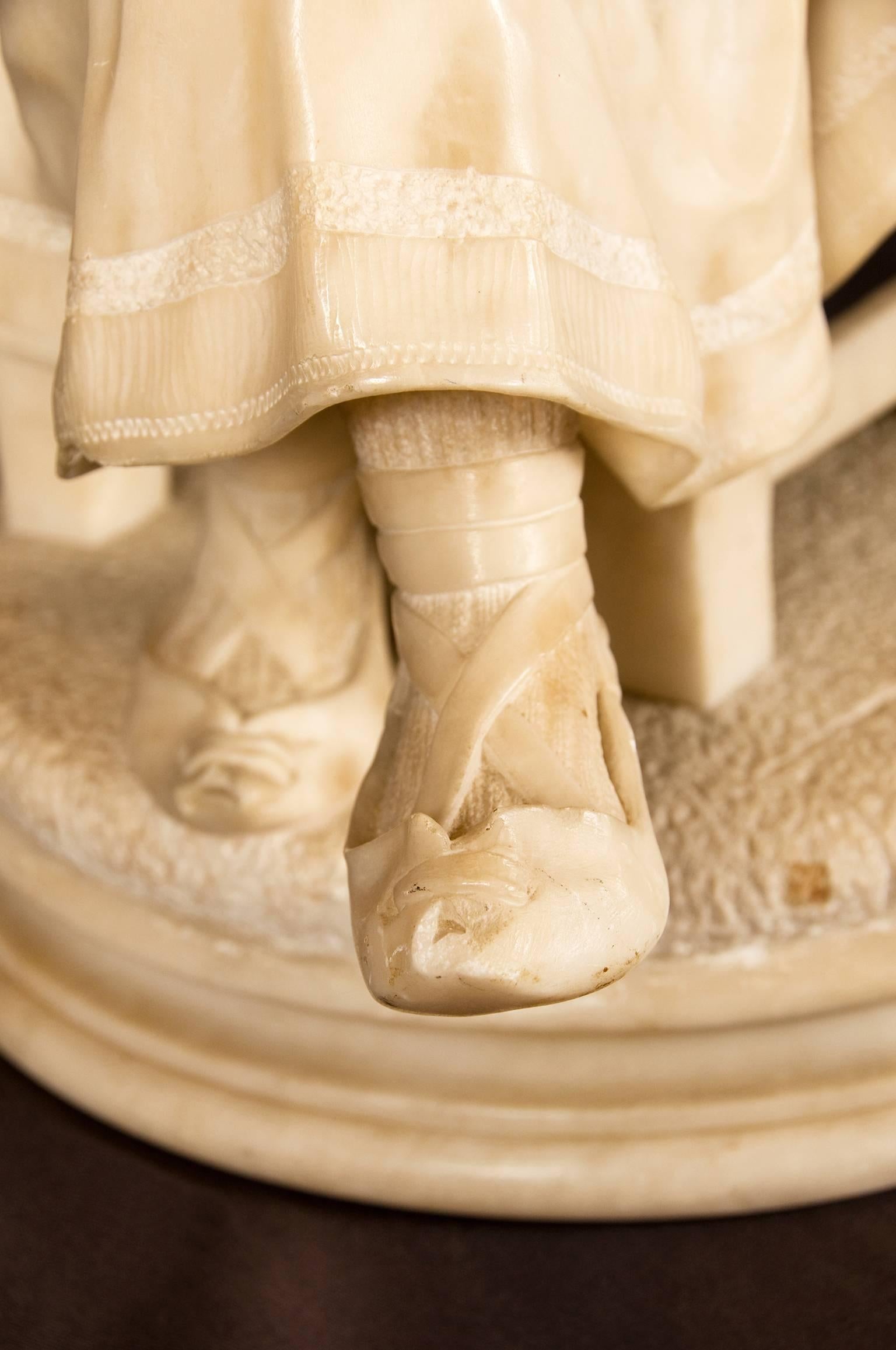 Carved Alabaster Sculpture of Young Girl Seated Holding a Tambourine, Italy, circa 1860 For Sale