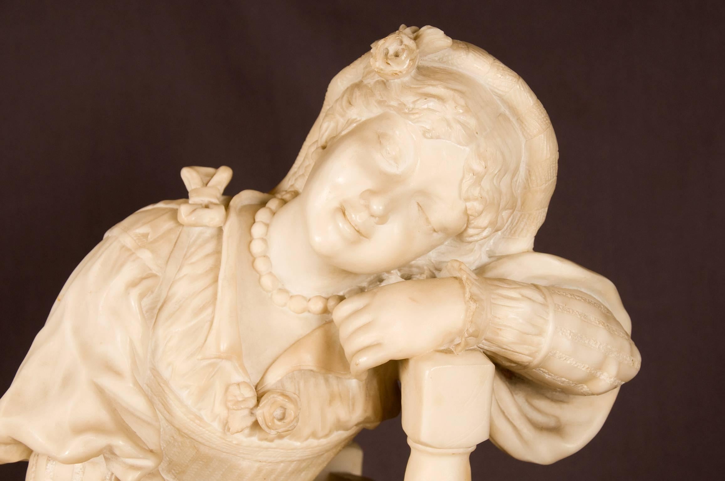 19th Century Alabaster Sculpture of Young Girl Seated Holding a Tambourine, Italy, circa 1860 For Sale