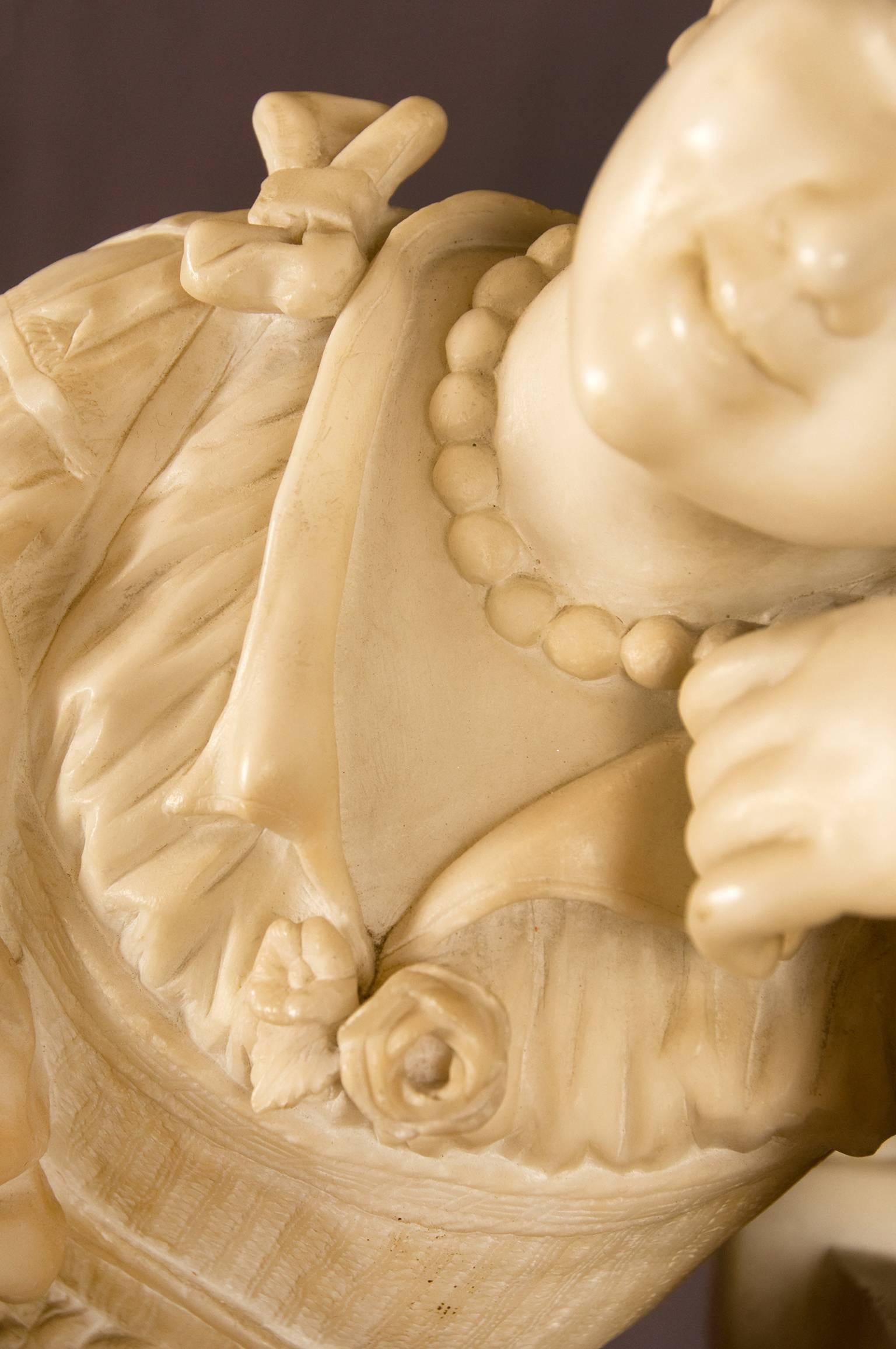 Alabaster Sculpture of Young Girl Seated Holding a Tambourine, Italy, circa 1860 In Fair Condition For Sale In Dilsen-Stokkem, BE