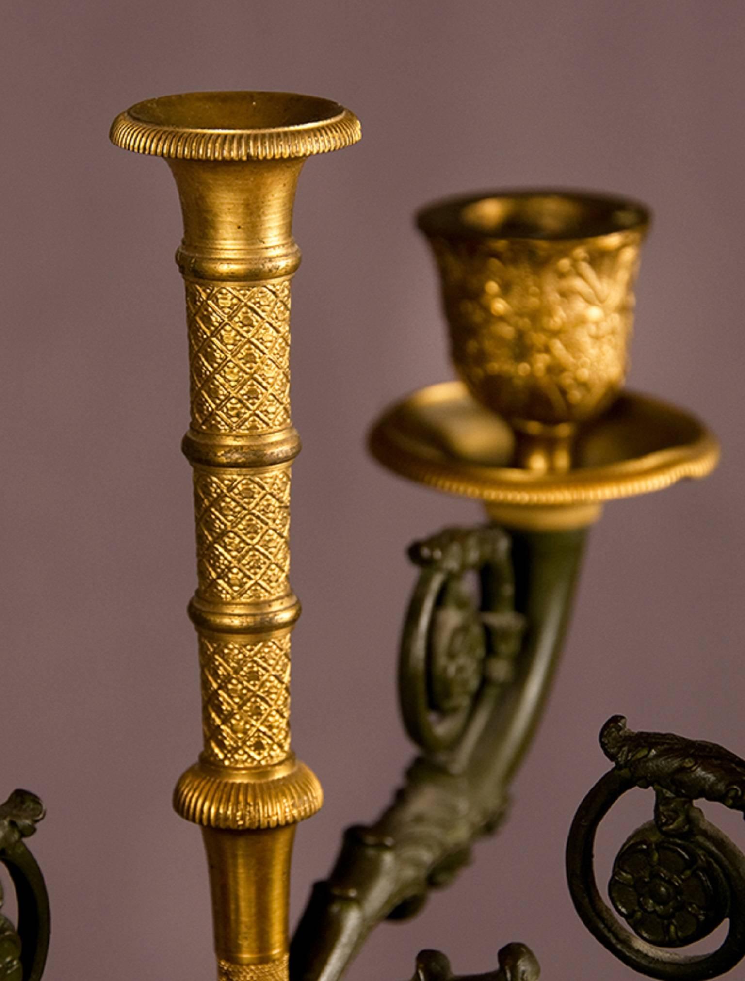 French Pair of Period Empire Bronze Three-Light Candelabra, France, circa 1810 For Sale
