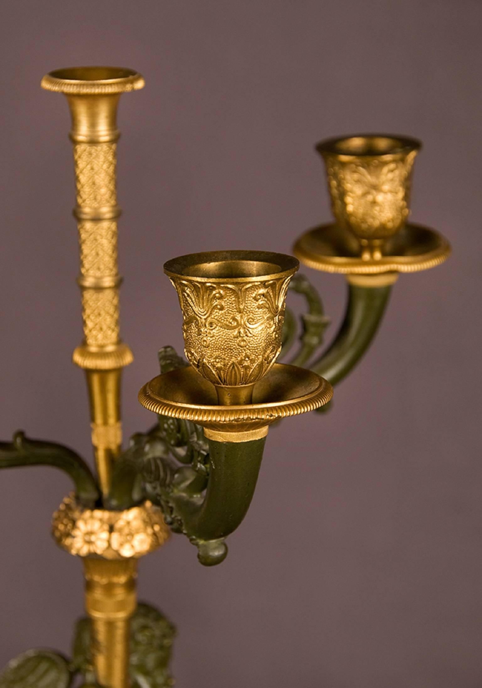 Early 19th Century Pair of Period Empire Bronze Three-Light Candelabra, France, circa 1810 For Sale