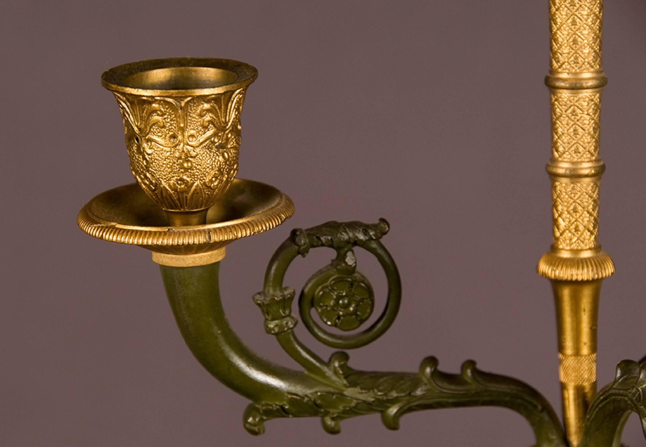 Gilt Pair of Period Empire Bronze Three-Light Candelabra, France, circa 1810 For Sale