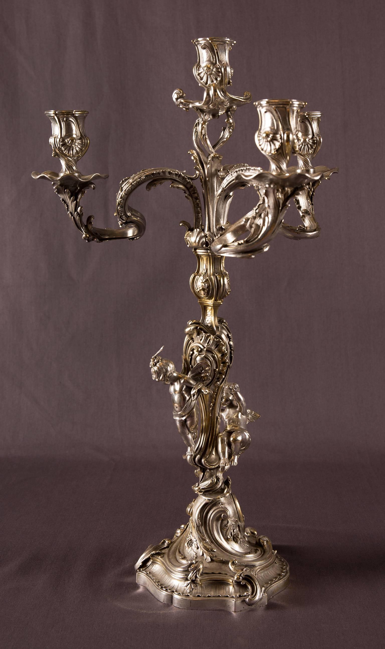 Pair of good quality and finely detailed silvered bronze five-light candelabra. Each candleholder has two putti on its stem. Louis XV style, France, circa 1890-1900.
Very decorative to brighten a romantic dinner!