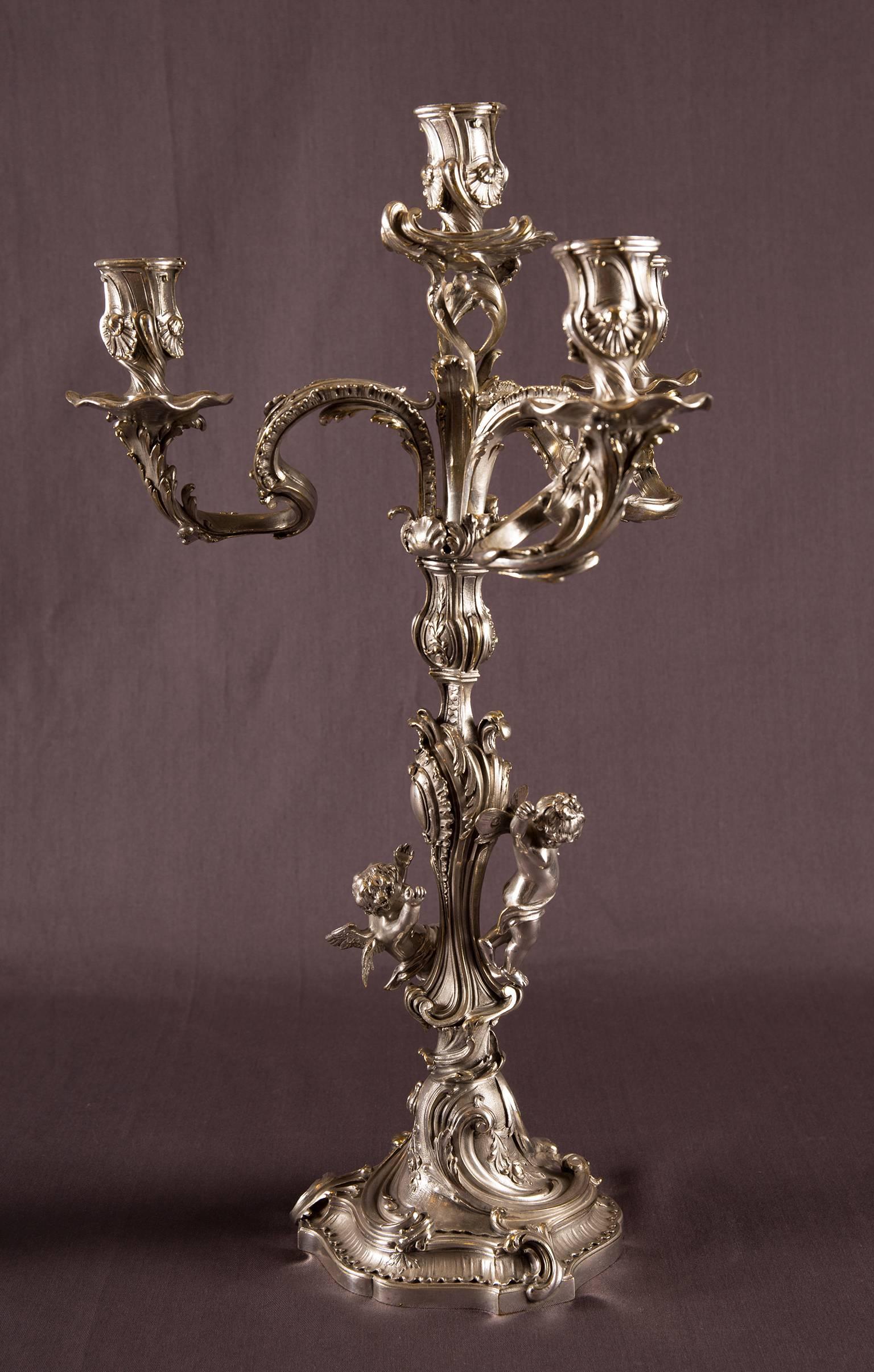 Louis XV Pair of Silvered Bronze Five-Light Candelabra Each with Putti, France circa 1900 For Sale