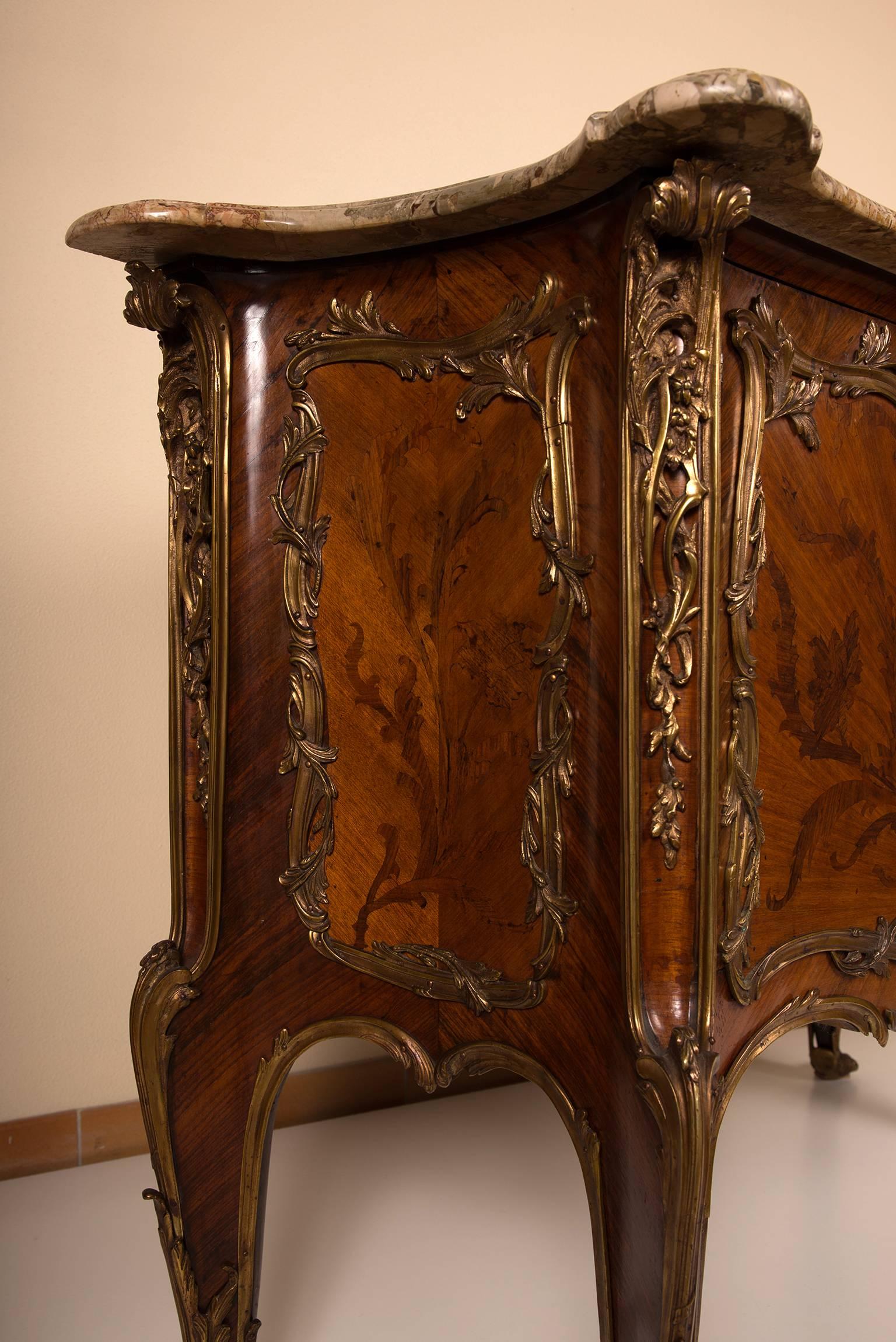 Breccia Marble French Two-Door Cabinet in Tulipwood, Rosewood Marquetry and Bronze Ornaments For Sale