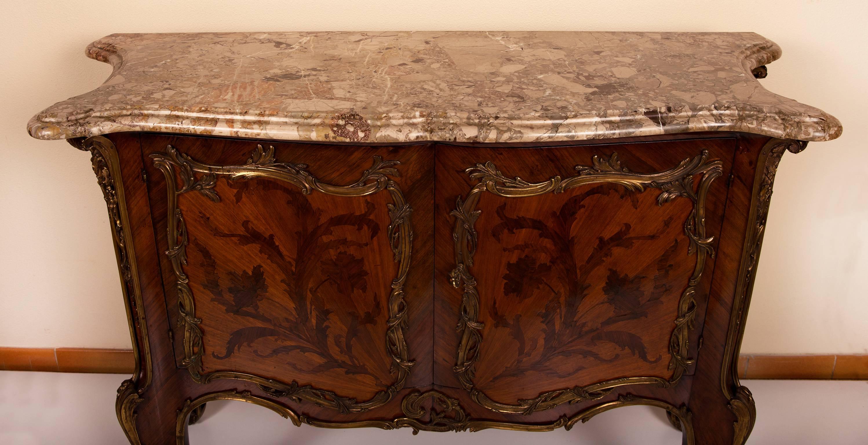Louis XV French Two-Door Cabinet in Tulipwood, Rosewood Marquetry and Bronze Ornaments For Sale