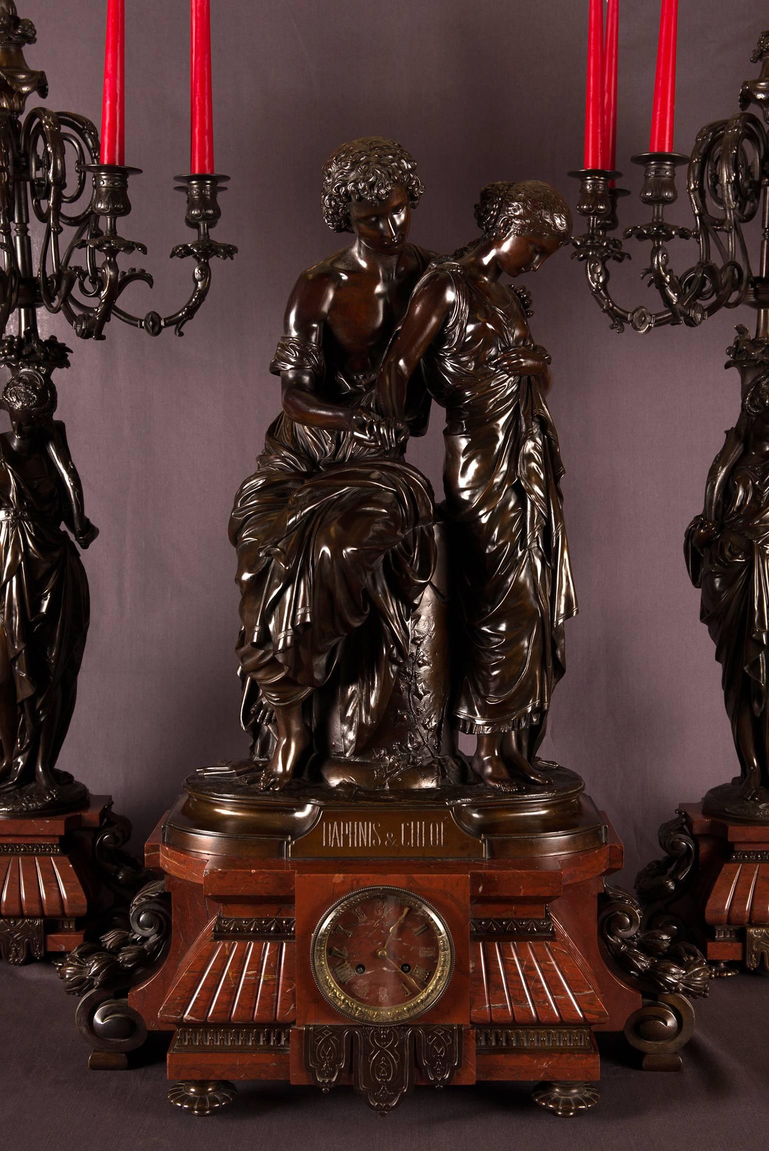 Mid-19th Century Three-Piece Bronze Clock Garniture Representing Daphnis and Chloe after Moreau For Sale
