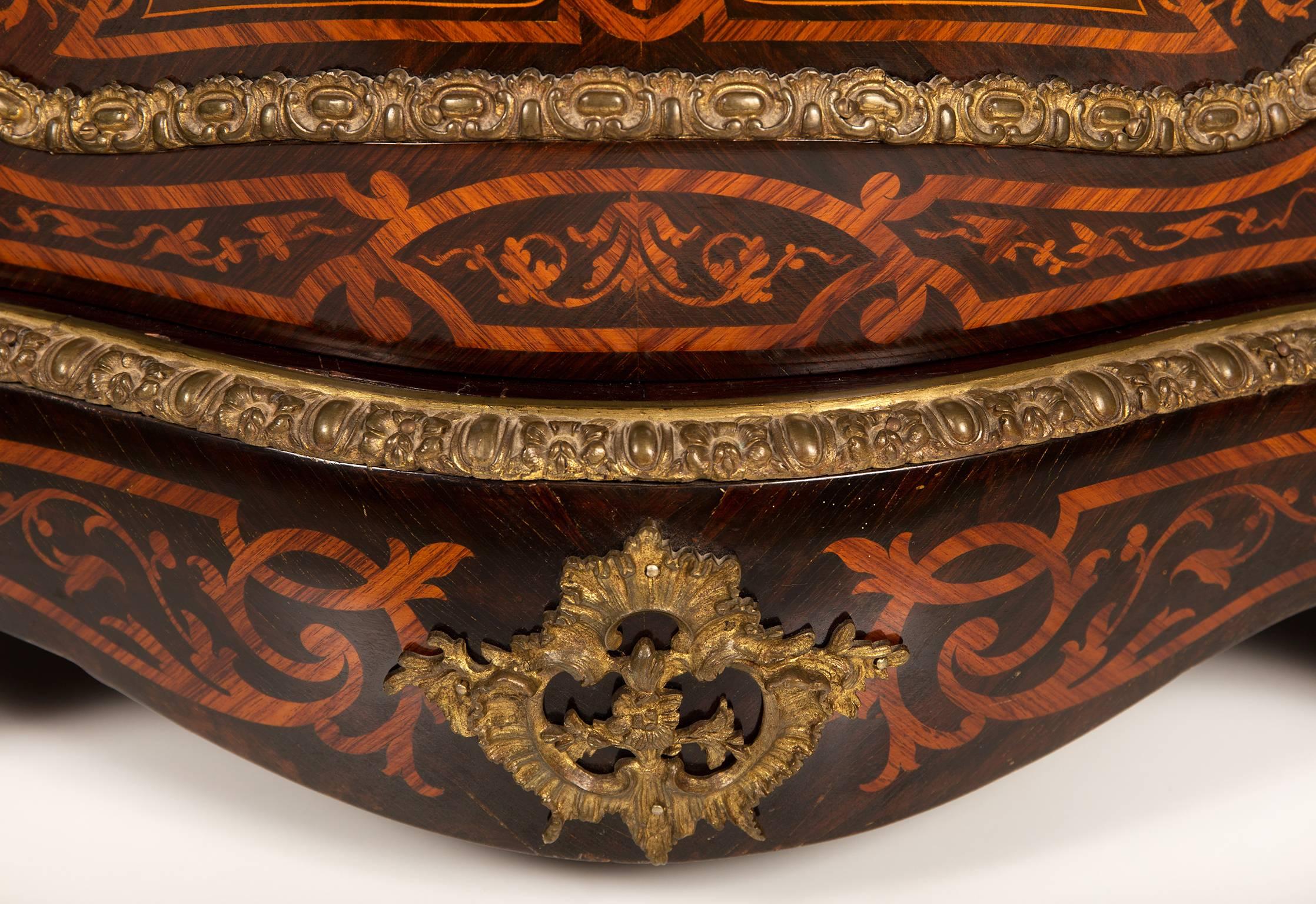 Bronze Pair of French Serpentine Flower Marquetry Inlaid Meubles D´Appui, circa 1880 For Sale