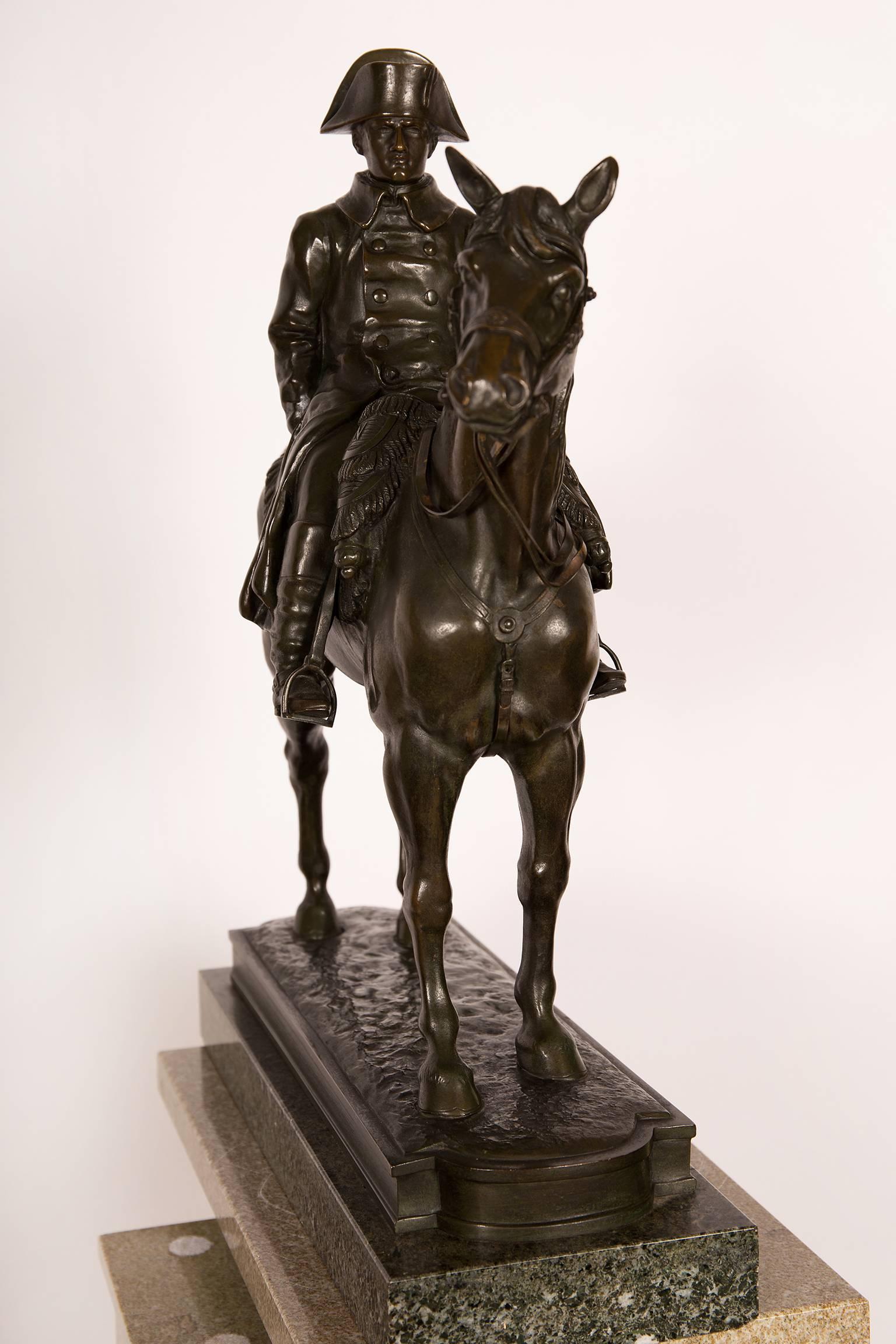 Green patinated bronze sculpture of Napoleon on horseback on a verde antico green marble base. Signed on the base of the bronze: A. Vibert.
Alexandre Vibert (1847-1909) was a pupil of Emmanuel Frémiet and is mostly known for his sculptures and