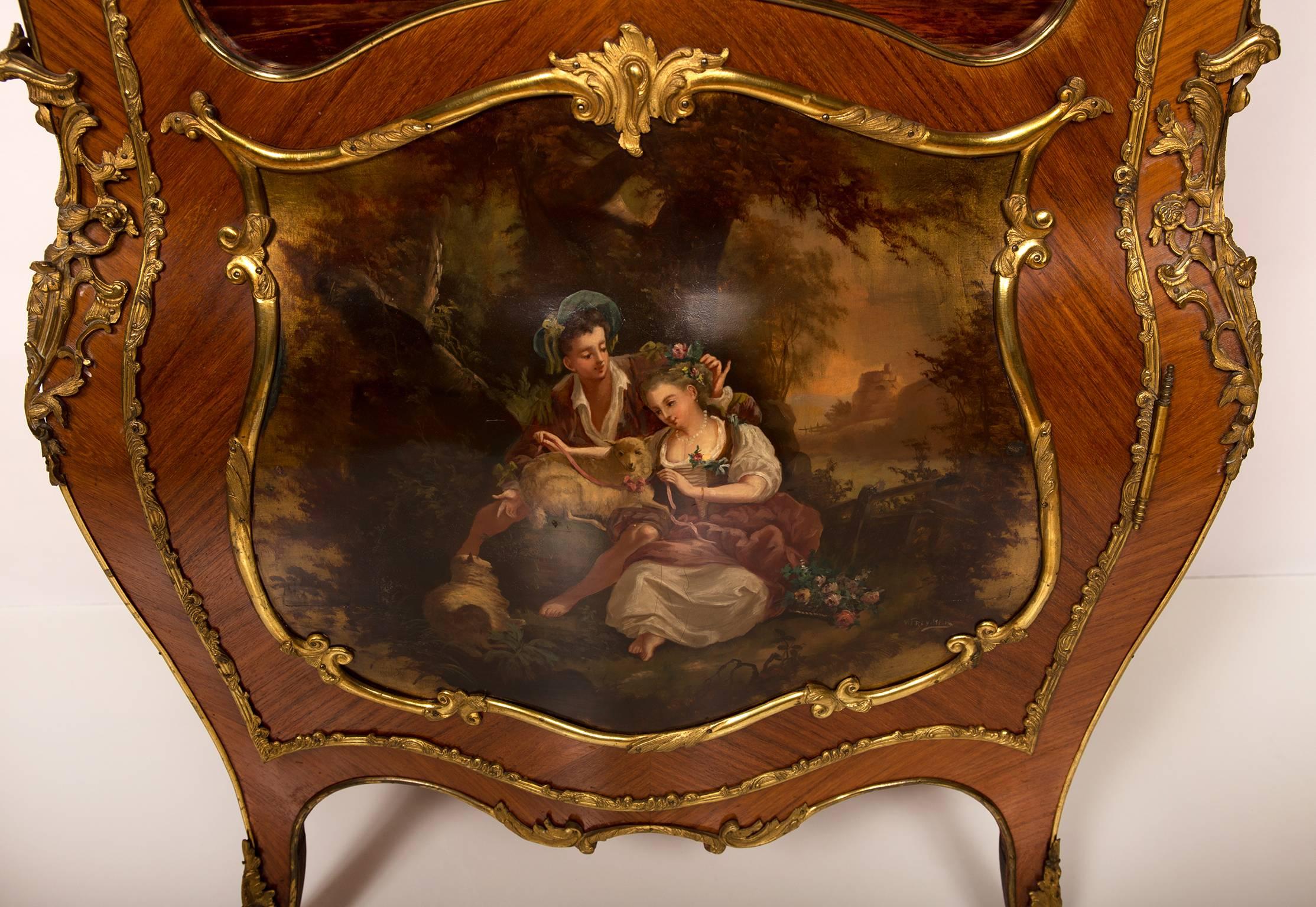 Vitrine Rosewood, Vernis Martin Painted Panels, Louis XV Style, France In Good Condition In Dilsen-Stokkem, BE