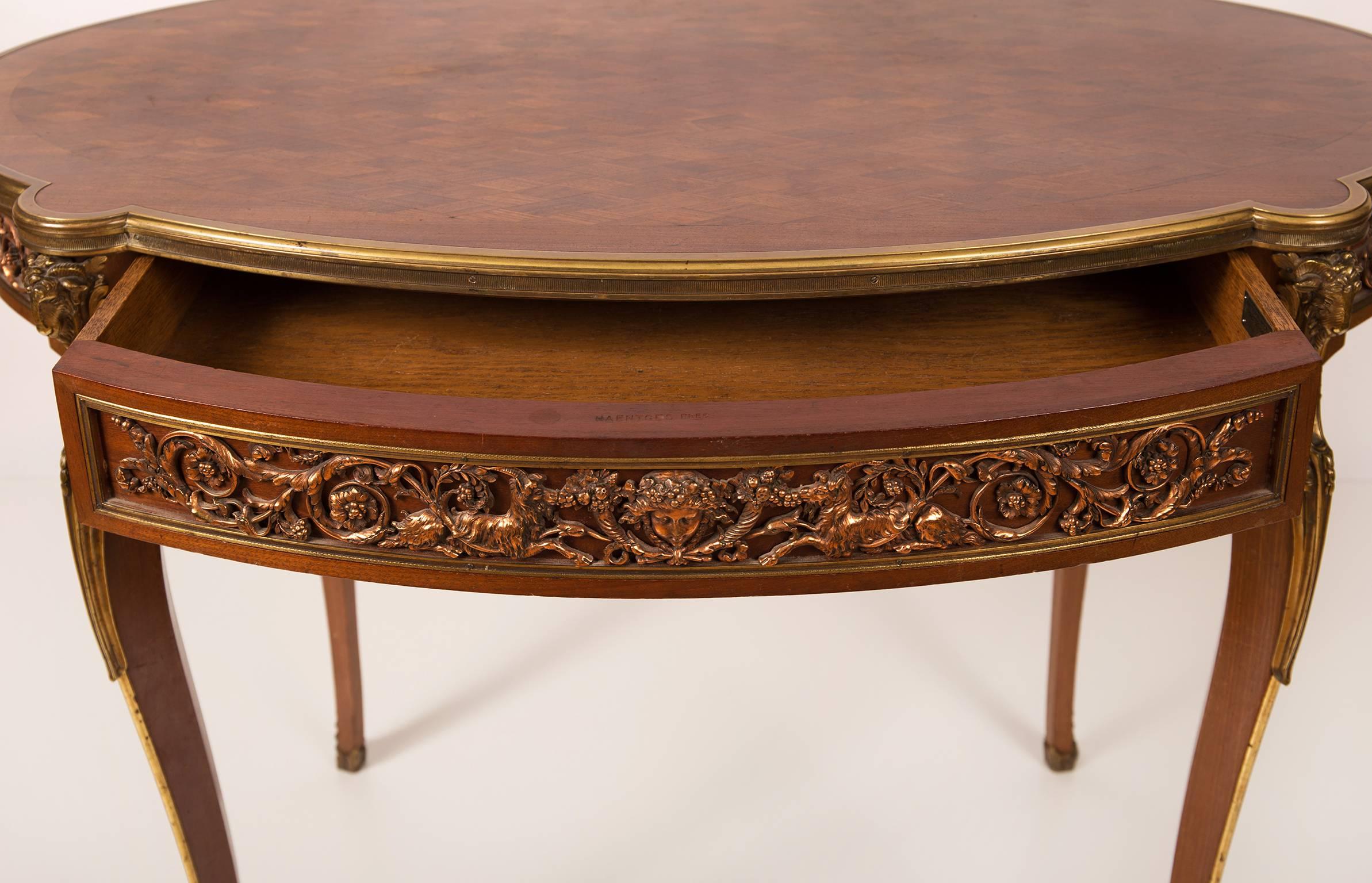 French Oval Center Table with Bronze Mounts, Signed Haentges, circa 1900 For Sale